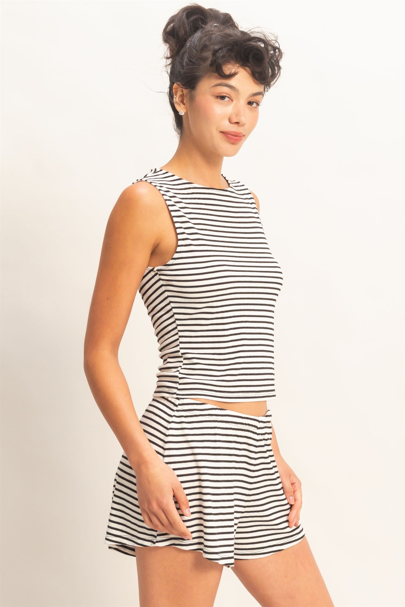 Wholesale Striped Sleeveless Tank And Shorts Set Clothing DZ26E137-SET BLACK DOUBLE ZERO