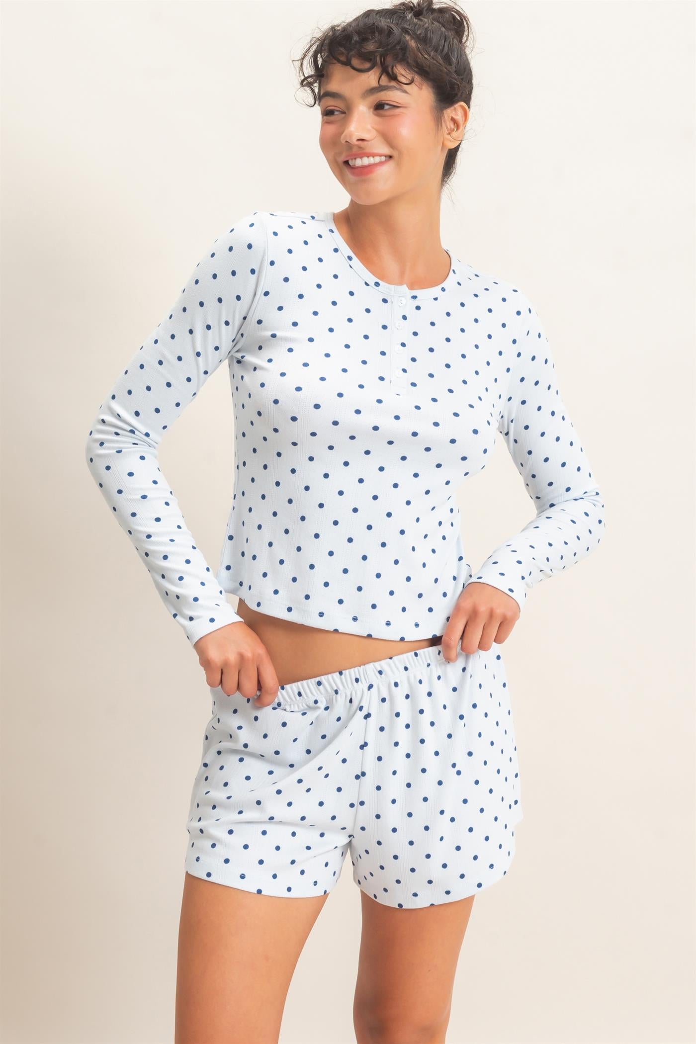 Wholesale Polka Dot Henley Long Sleeve Top & Shorts Set Clothing DZ27A154-SET LIGHT BLUE DOUBLE ZERO