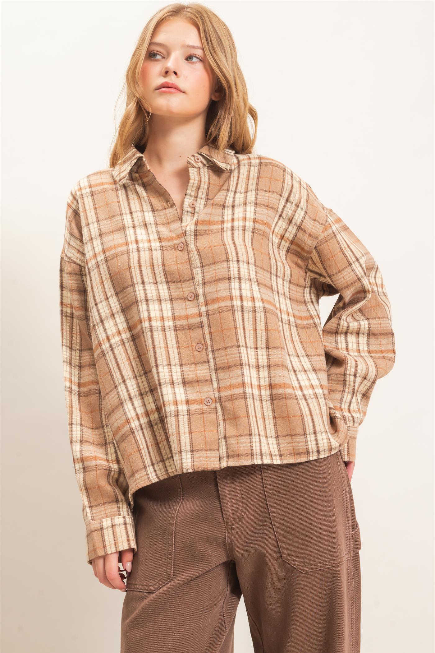 Wholesale Plaid Button-Up Shirt Clothing Tops HF26E467 MOCHA HYFVE