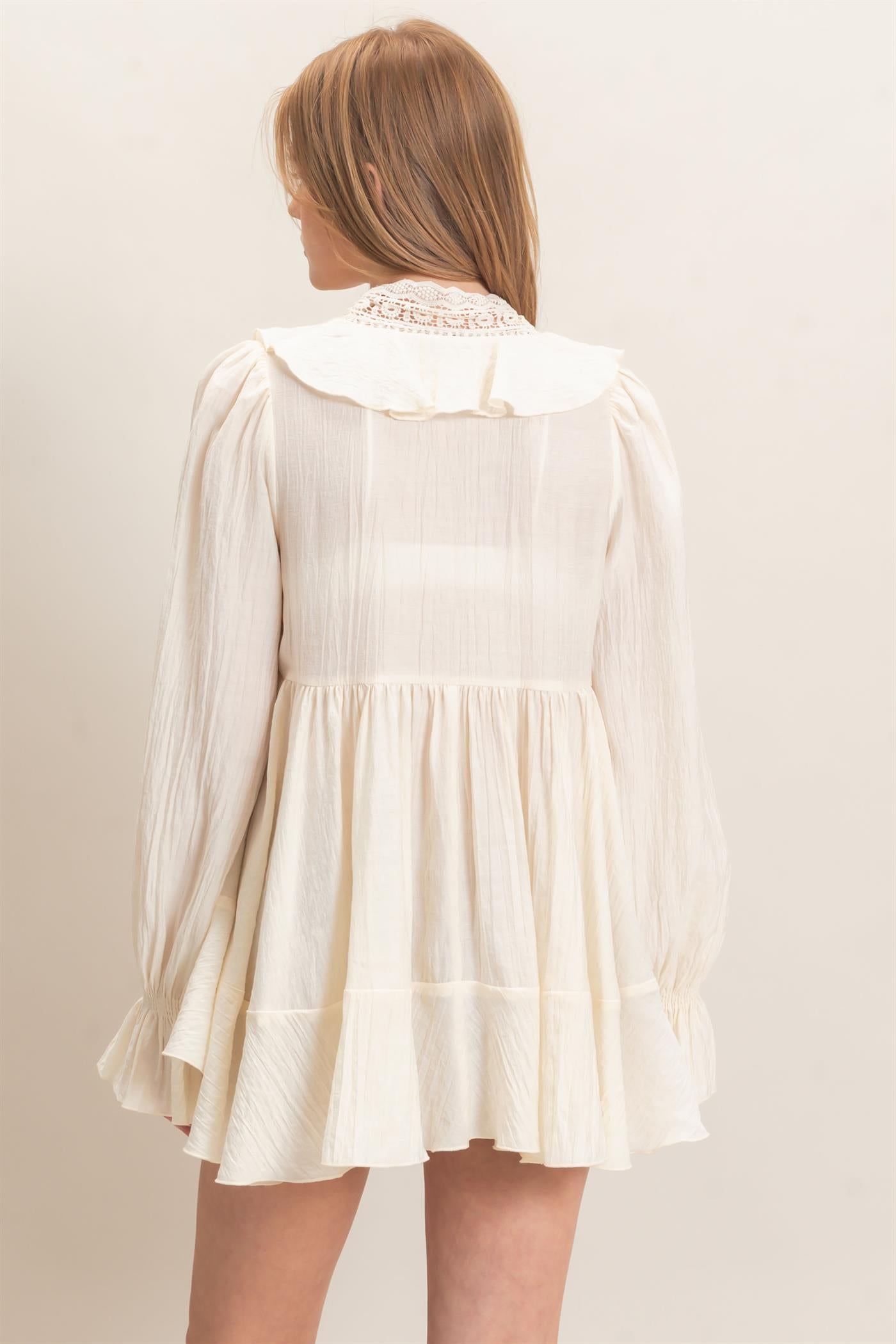 Wholesale Ruffle Lace Tie Neck Blouse Tunics HF26E642 CREAM HYFVE