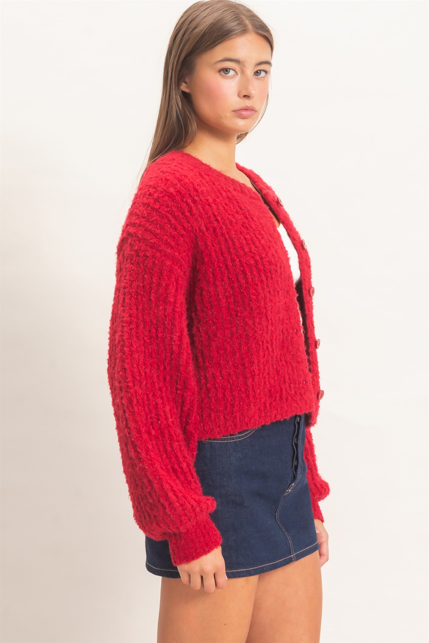 Wholesale Boucle Knit Button Front Cardigan Cardigans DZ26E270 DARK RED DOUBLE ZERO