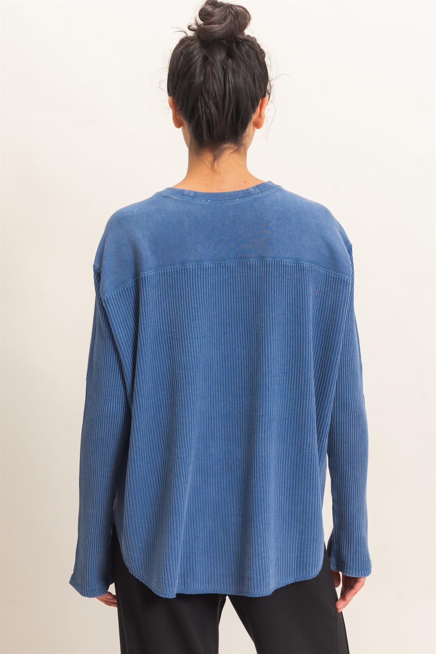 Wholesale Oversized Mineral Washed Waffle Knit Top Clothing Tops DZ26E654 NAVY DOUBLE ZERO