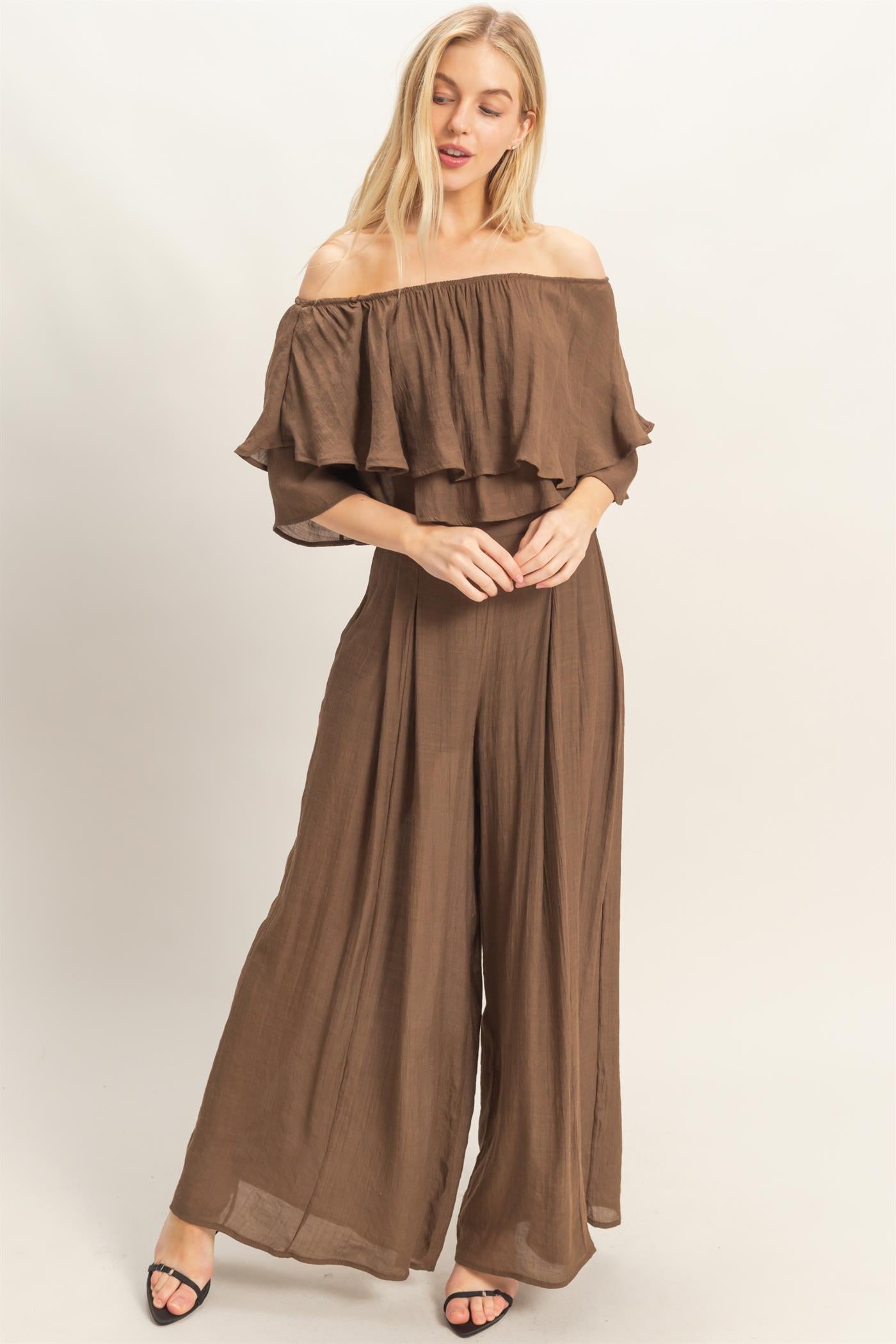 Wholesale Off Shoulder Top & Pleated Pant Set Clothing HF26C291-SET-D CHOCOLATE HYFVE