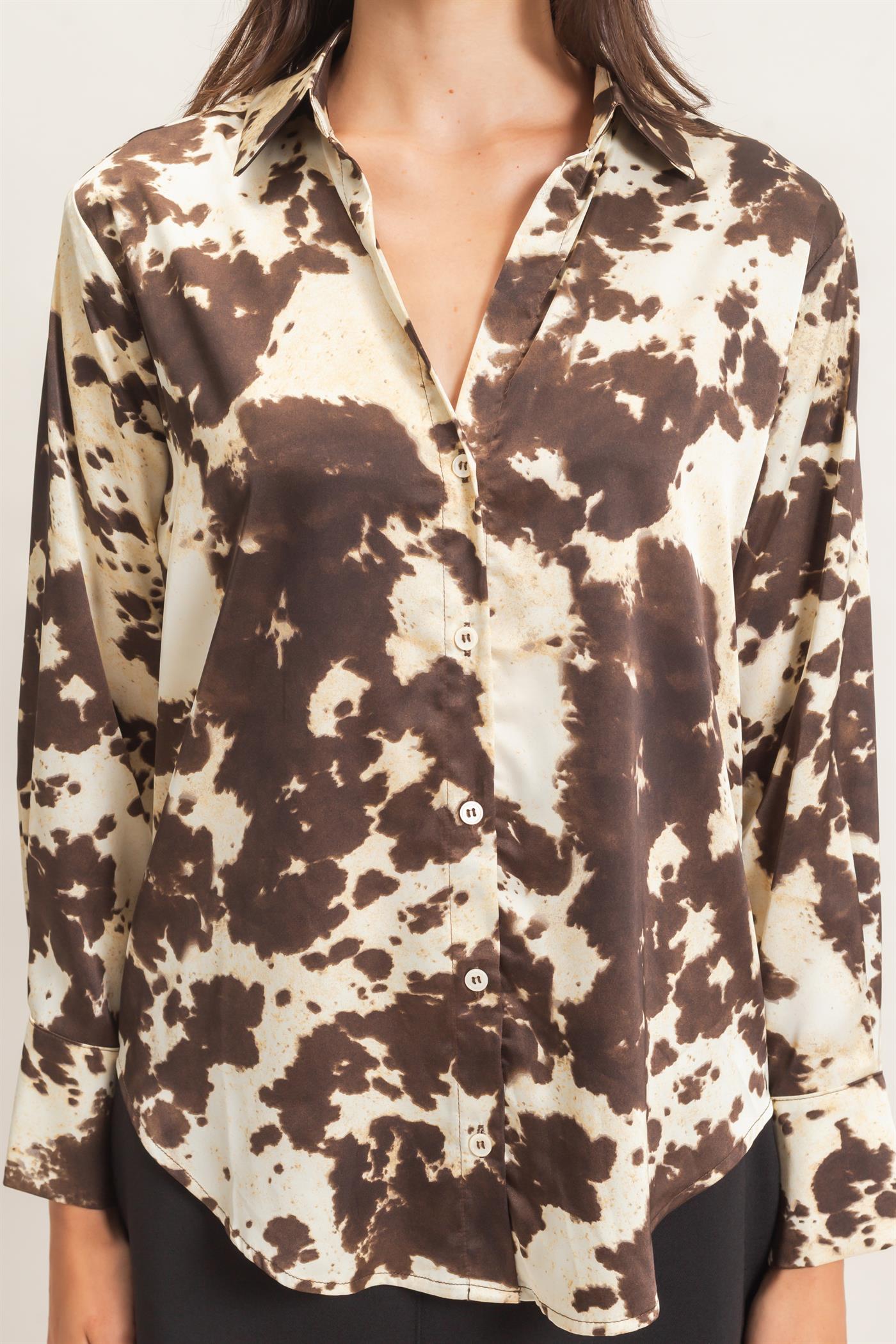 Wholesale Satin Cow Print Button-Up Shirt Clothing Tops HF26E554 BROWN HYFVE