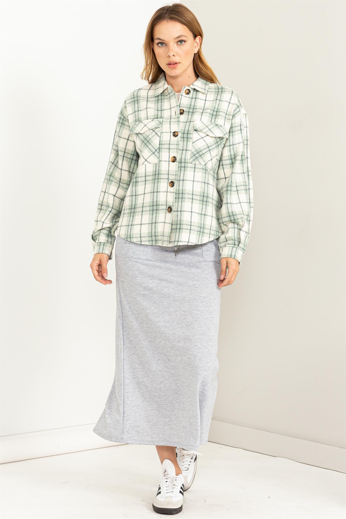 Wholesale Collared Plaid Shacket Shirts HF23G058 SAGE HYFVE