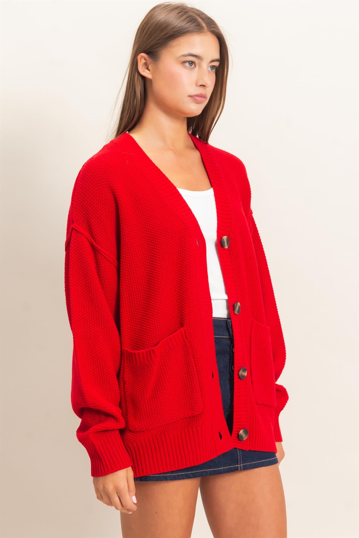 Wholesale Textured Oversized Knit Buttoned Cardigan Cardigans DZ26C971 RED DOUBLE ZERO