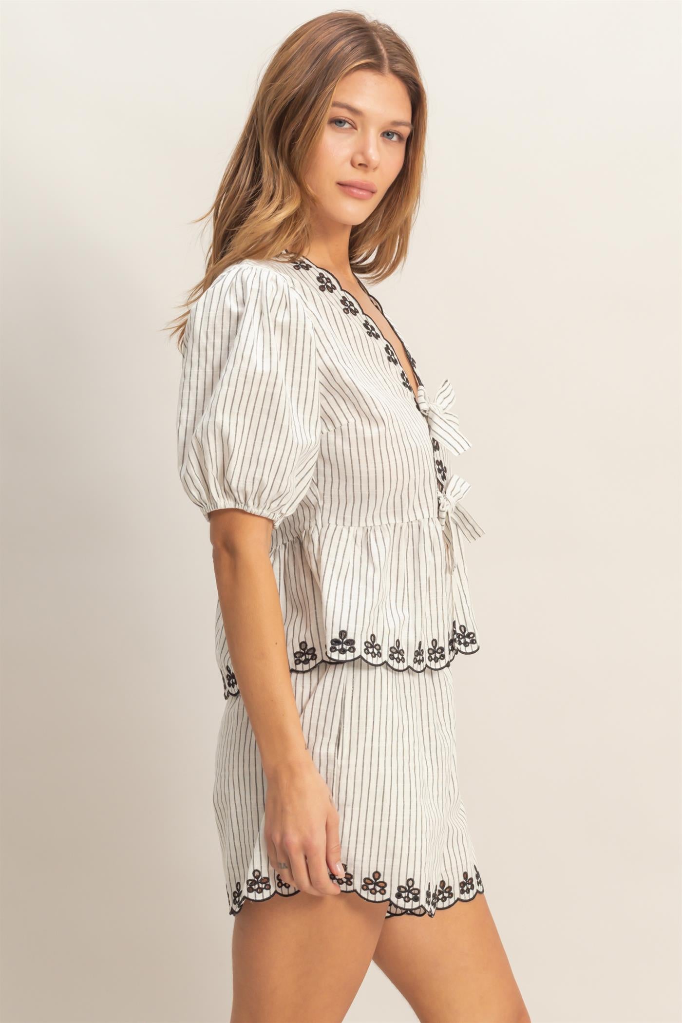 Wholesale Striped Tie-Front Embroidered Peplum Top Clothing Tops HF26C145 OFF WHITE HYFVE