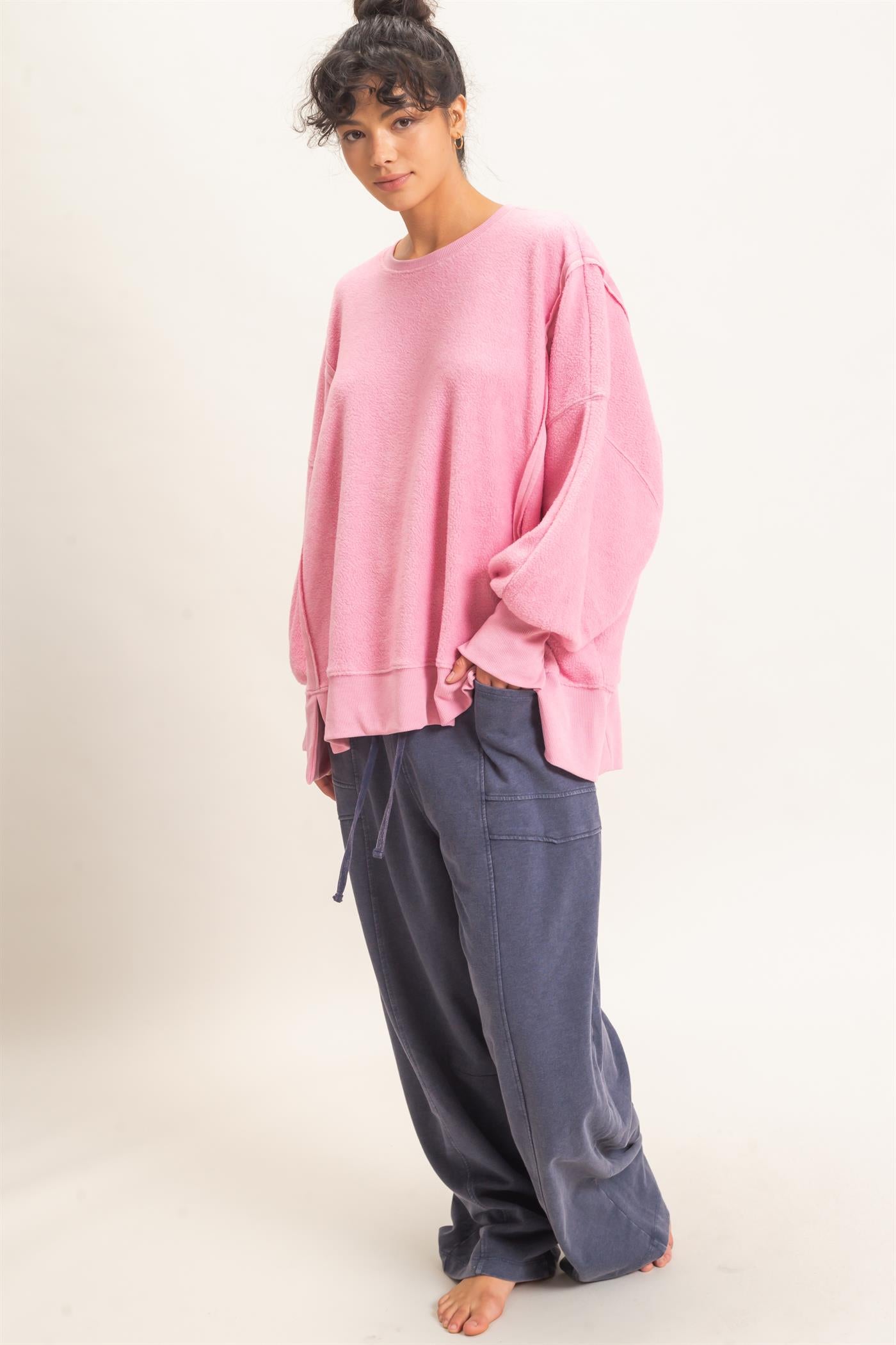 Wholesale Oversized Raw Edge Crew Neck Sweatshirt Sweatshirts DZ26E273 PINK DOUBLE ZERO