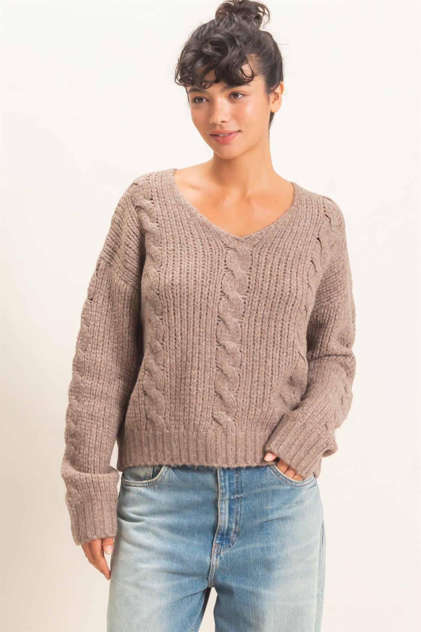 Wholesale Cable Knit V-Neck Sweater Sweaters DZ26E107 DUSTY BROWN DOUBLE ZERO