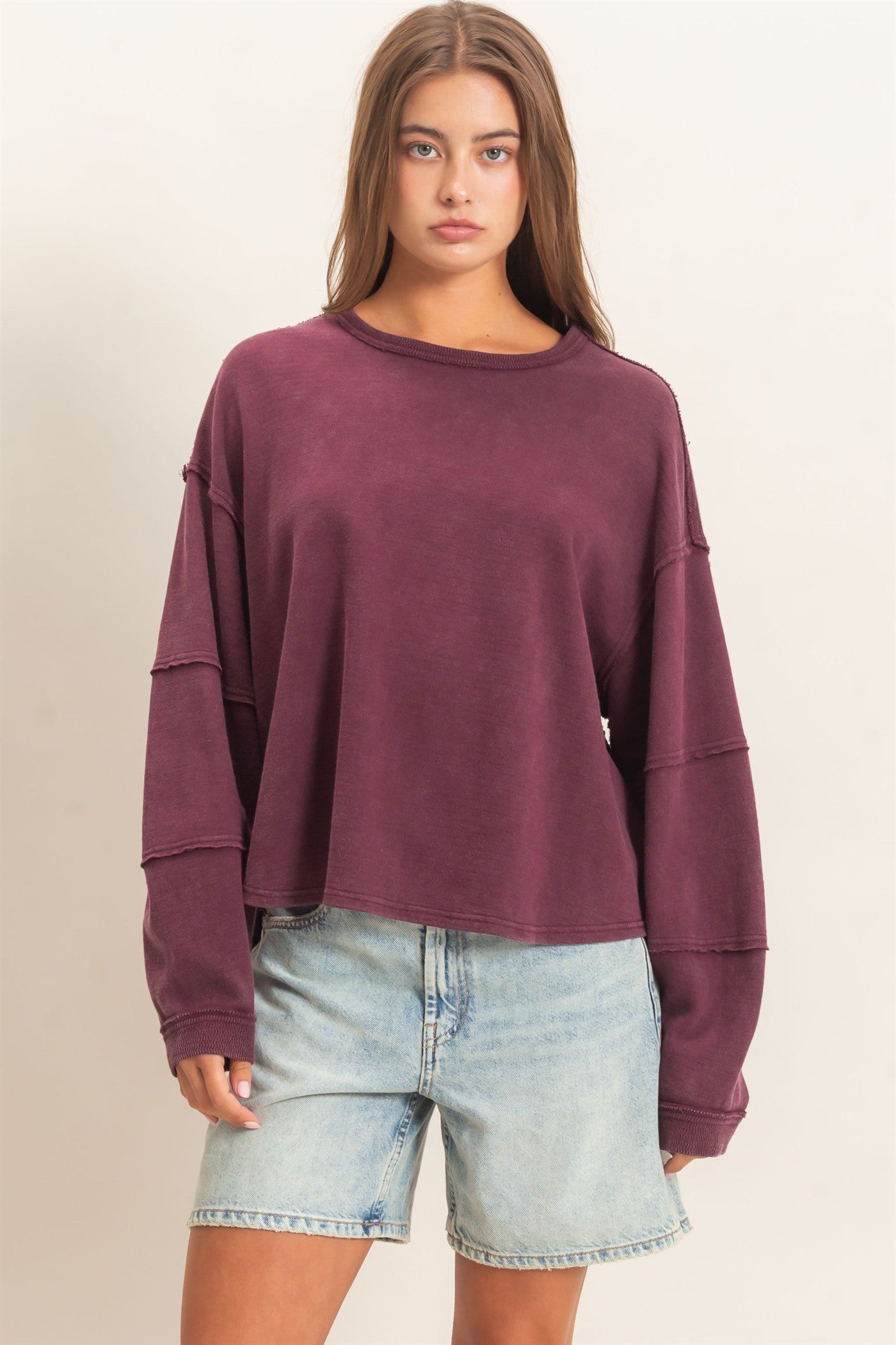 Wholesale Mineral Wash Overzised Raw Edge Crew Neck Top Clothing Tops DZ26E449 DARK CHERRY DOUBLE ZERO