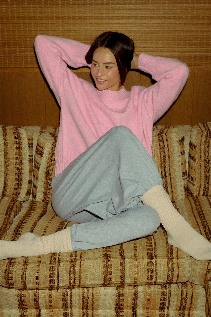 Wholesale Ribbed Crew Neck Sweater Sweaters HF26F179-D PINK HYFVE