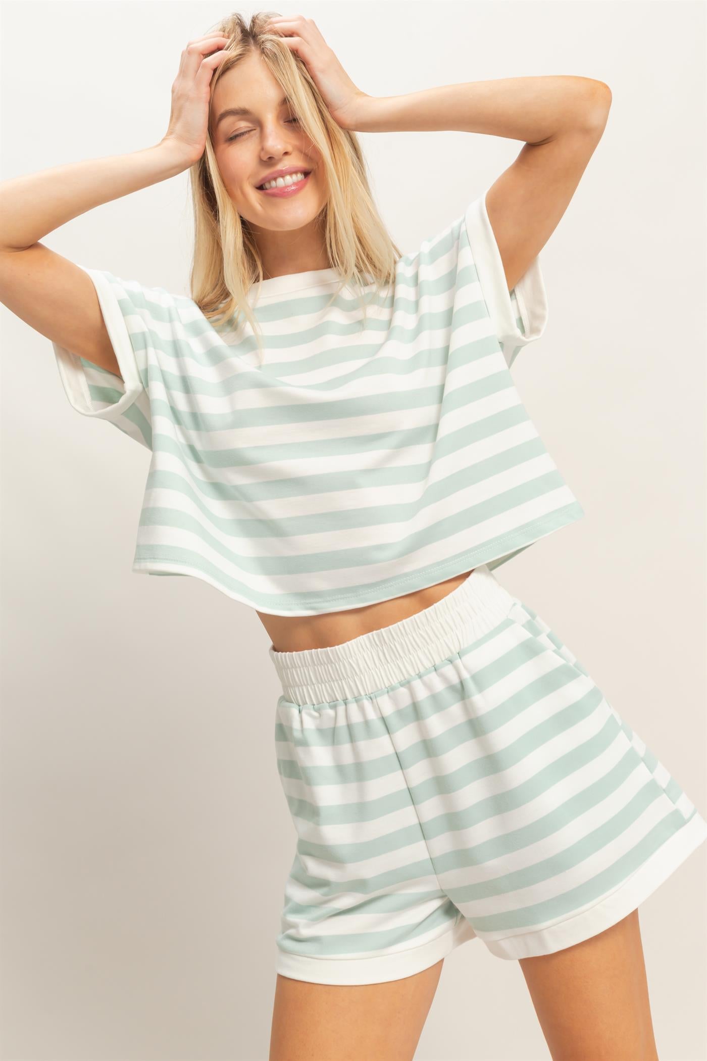 Wholesale Striped Short Sleeve Top & Shorts Set Clothing HF26C064-SET BLUE HYFVE