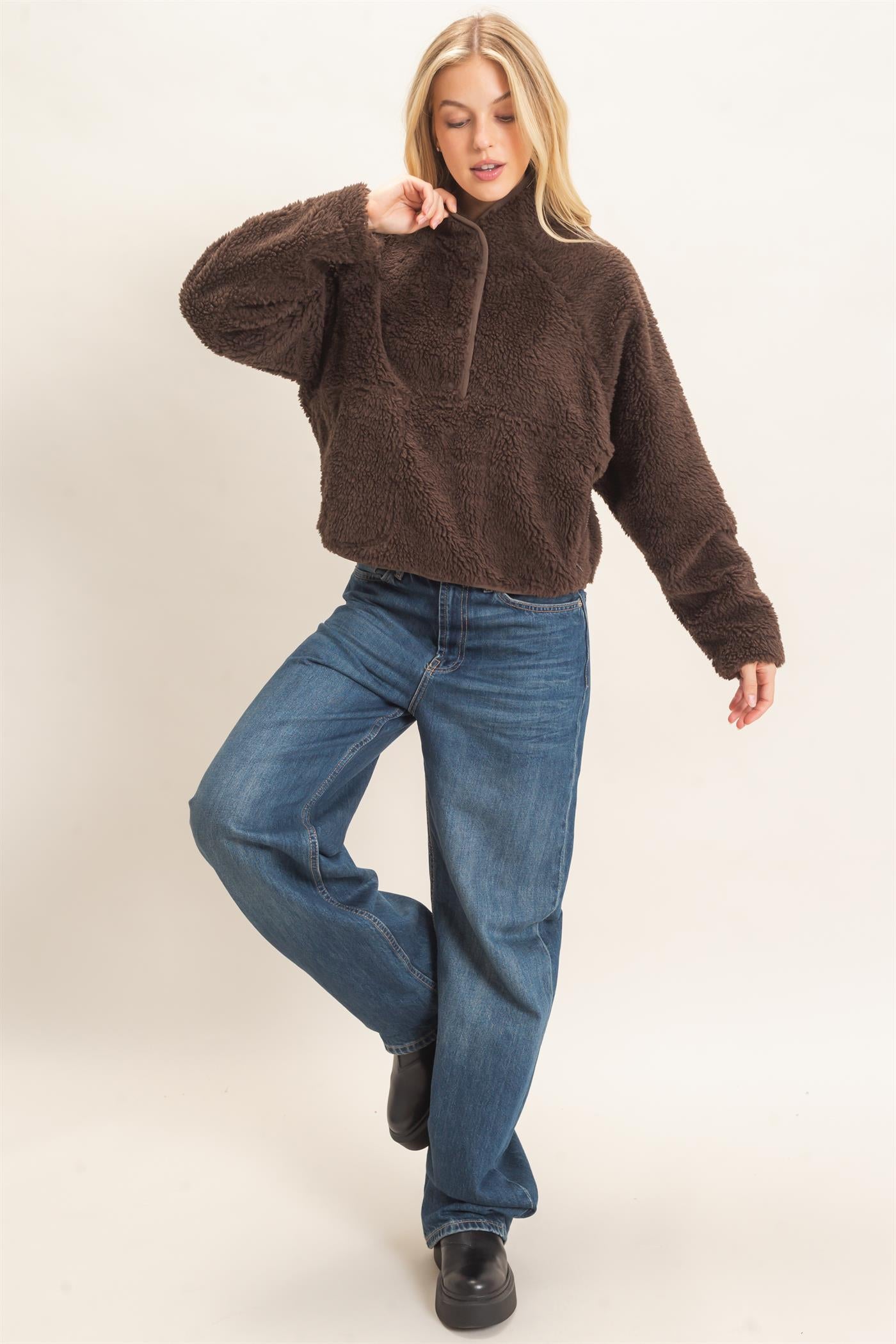 Wholesale Half-Zip Sherpa Jacket Sweatshirts HF26F130-D BROWN HYFVE