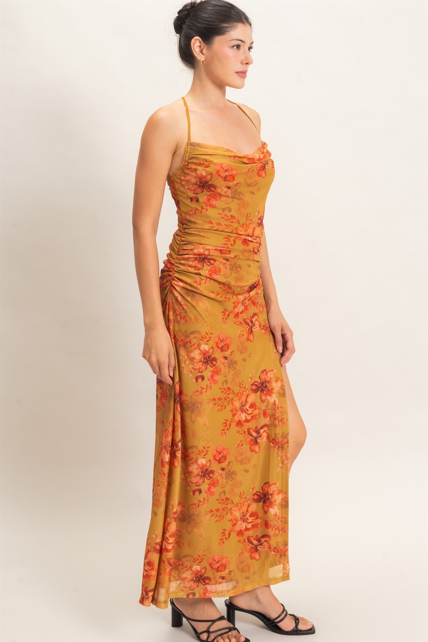 Wholesale Floral Print Spaghetti Strap Dress Dresses HF26E440 MUSTARD HYFVE