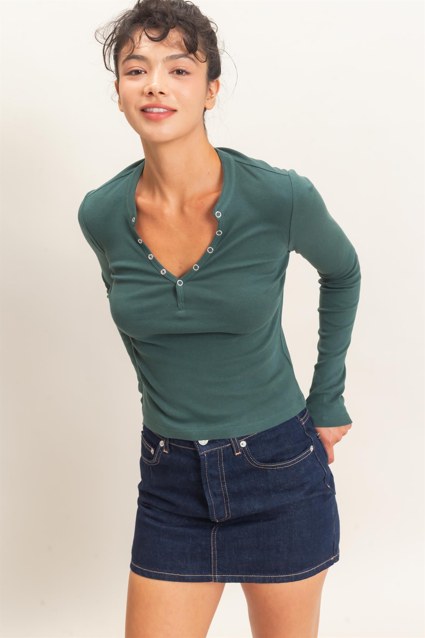 Wholesale Long Sleeve Henley Top Clothing Tops DZ26E865 DARK GREEN DOUBLE ZERO