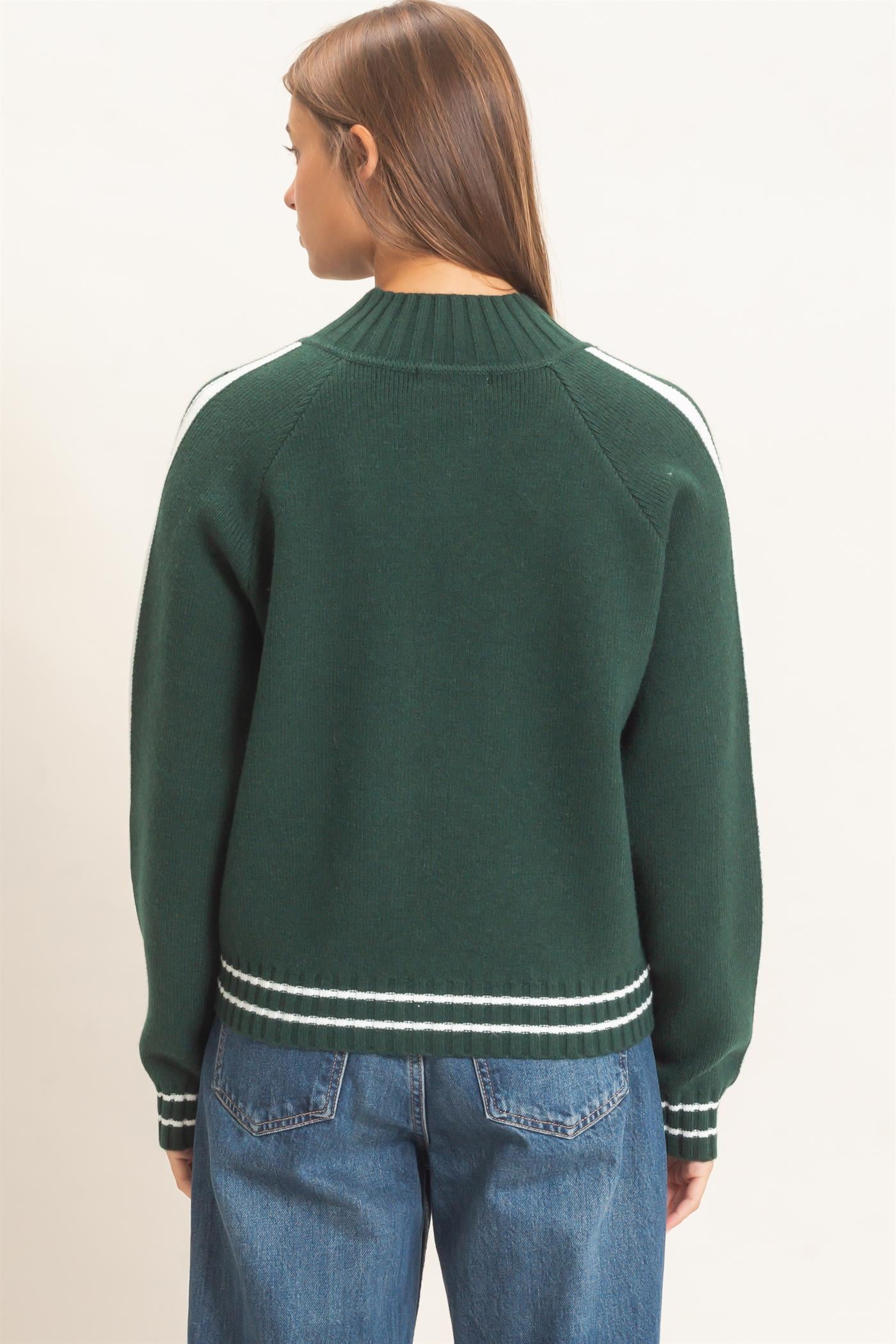 Wholesale Contrast Stripe Zip-Up Sweater Sweaters DZ26E861 DARK GREEN DOUBLE ZERO