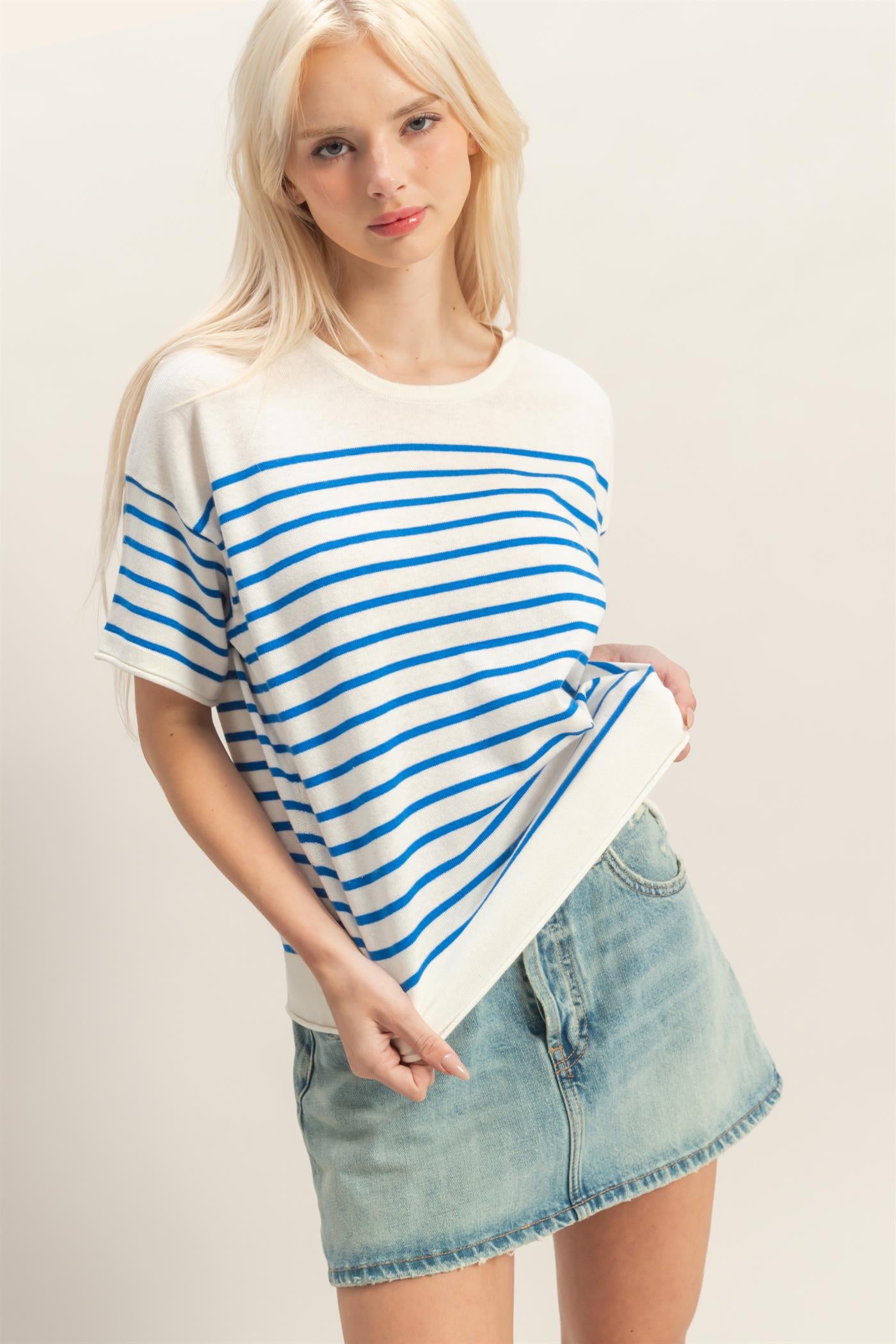 Wholesale Striped Short Sleeve Knit Top Clothing Tops DZ26A838 BLUE DOUBLE ZERO