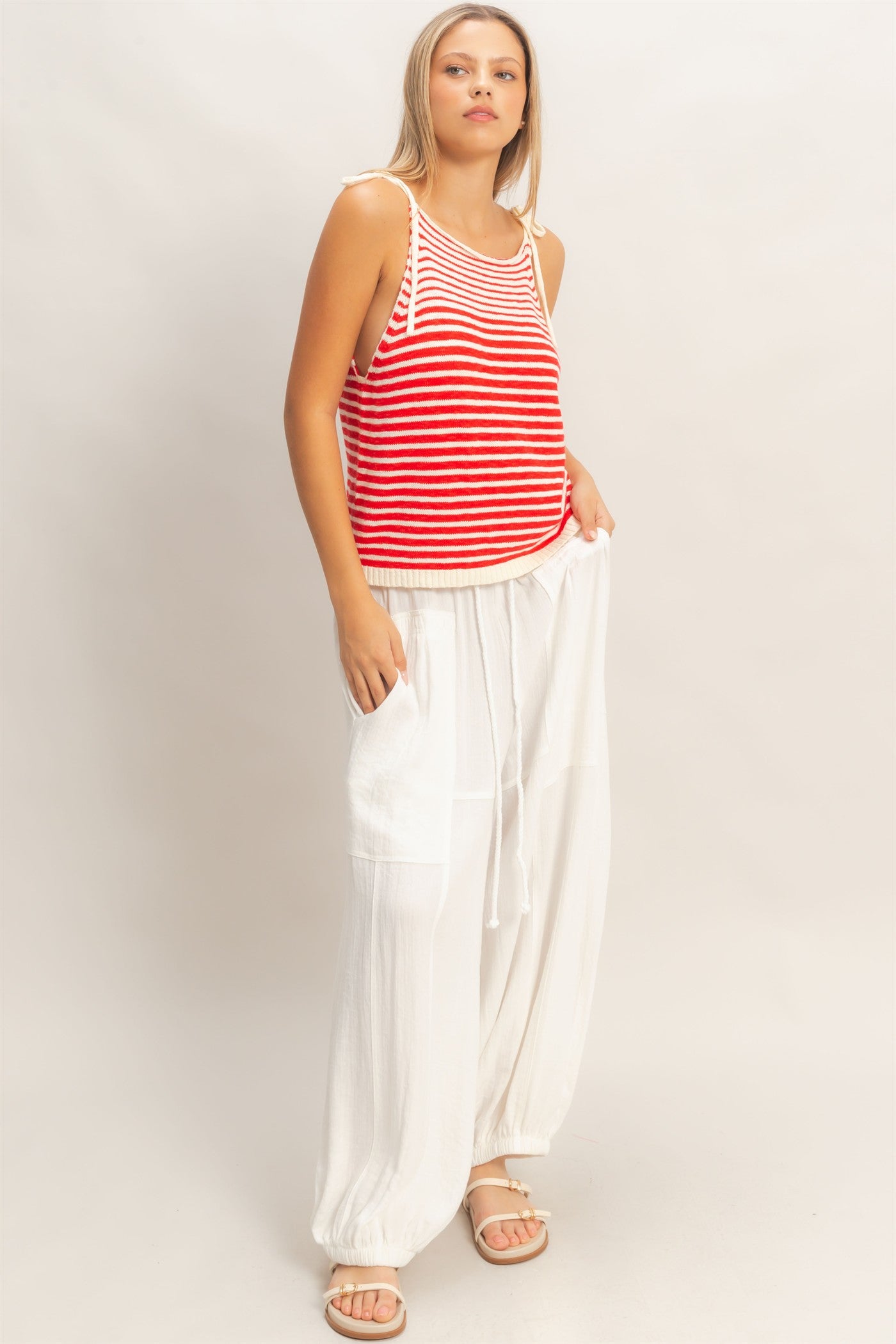 Wholesale Striped Knit Tie-Strap Tank Sweaters HF26A184 RED HYFVE