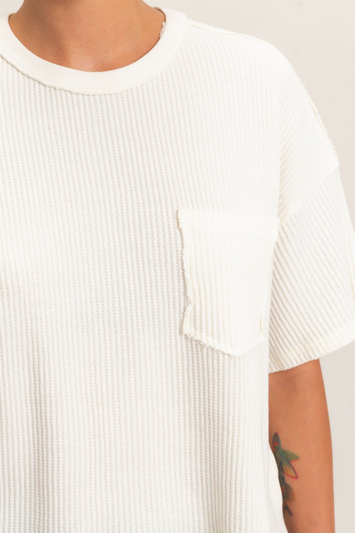 Wholesale Mineral Wash Waffle Knit Pocket Top Clothing Tops DZ26E222 CREAM DOUBLE ZERO