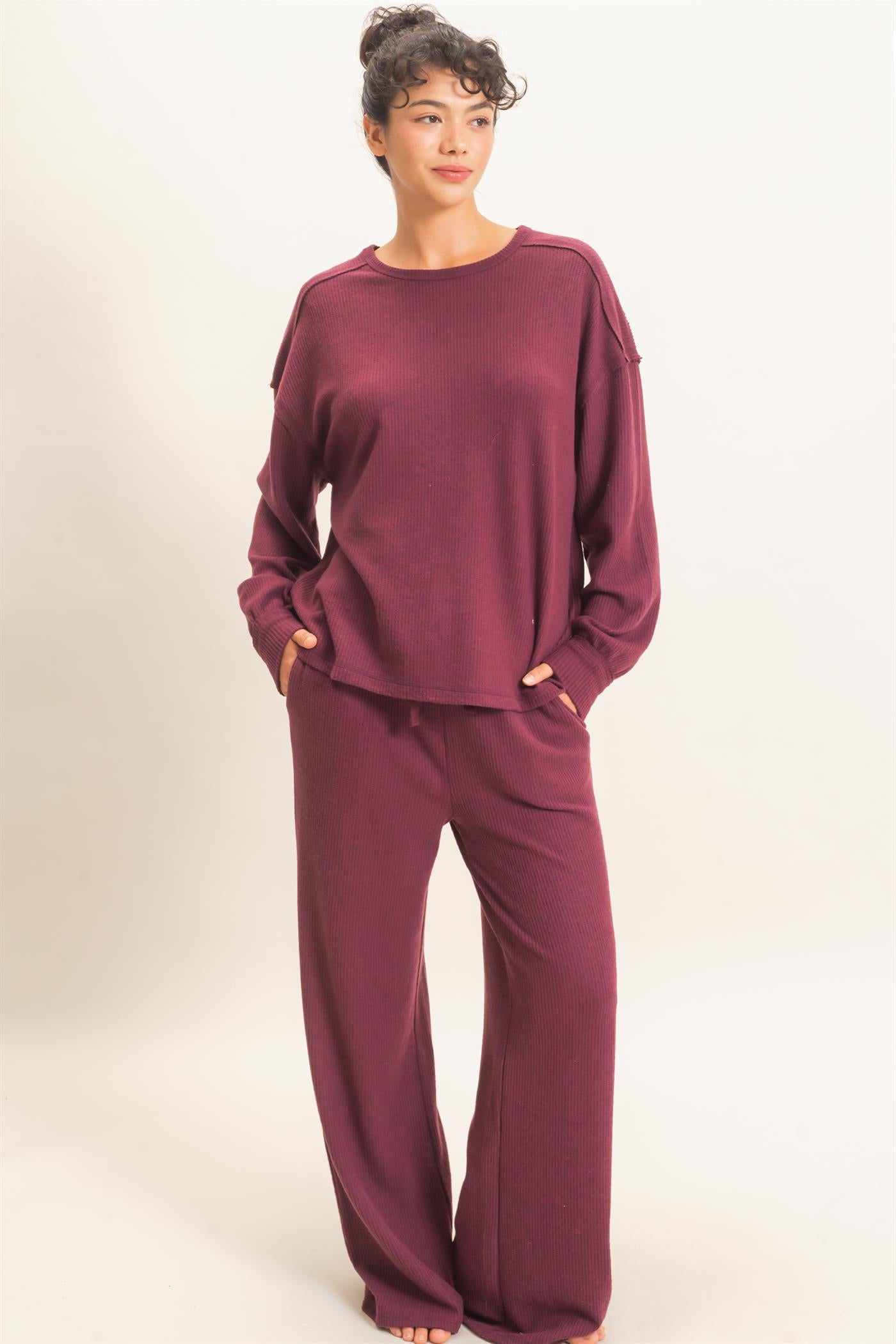 Wholesale Raw Edge Waffle Sweatshirt Sweatshirts DZ26F081 DARK CHERRY HYFVE