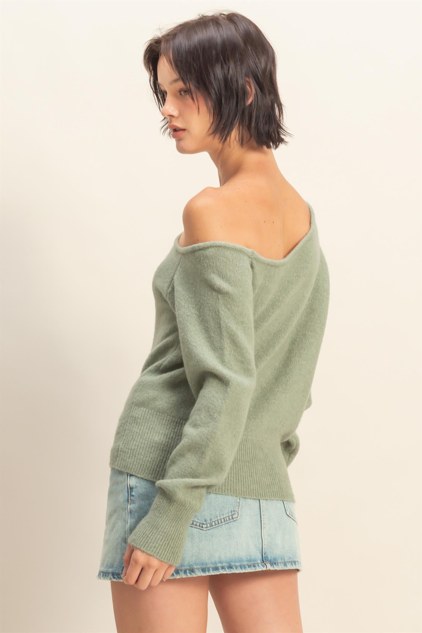 Wholesale Asymmetric Off-Shoulder Sweater Sweaters DZ25F121 SAGE GREEN DOUBLE ZERO