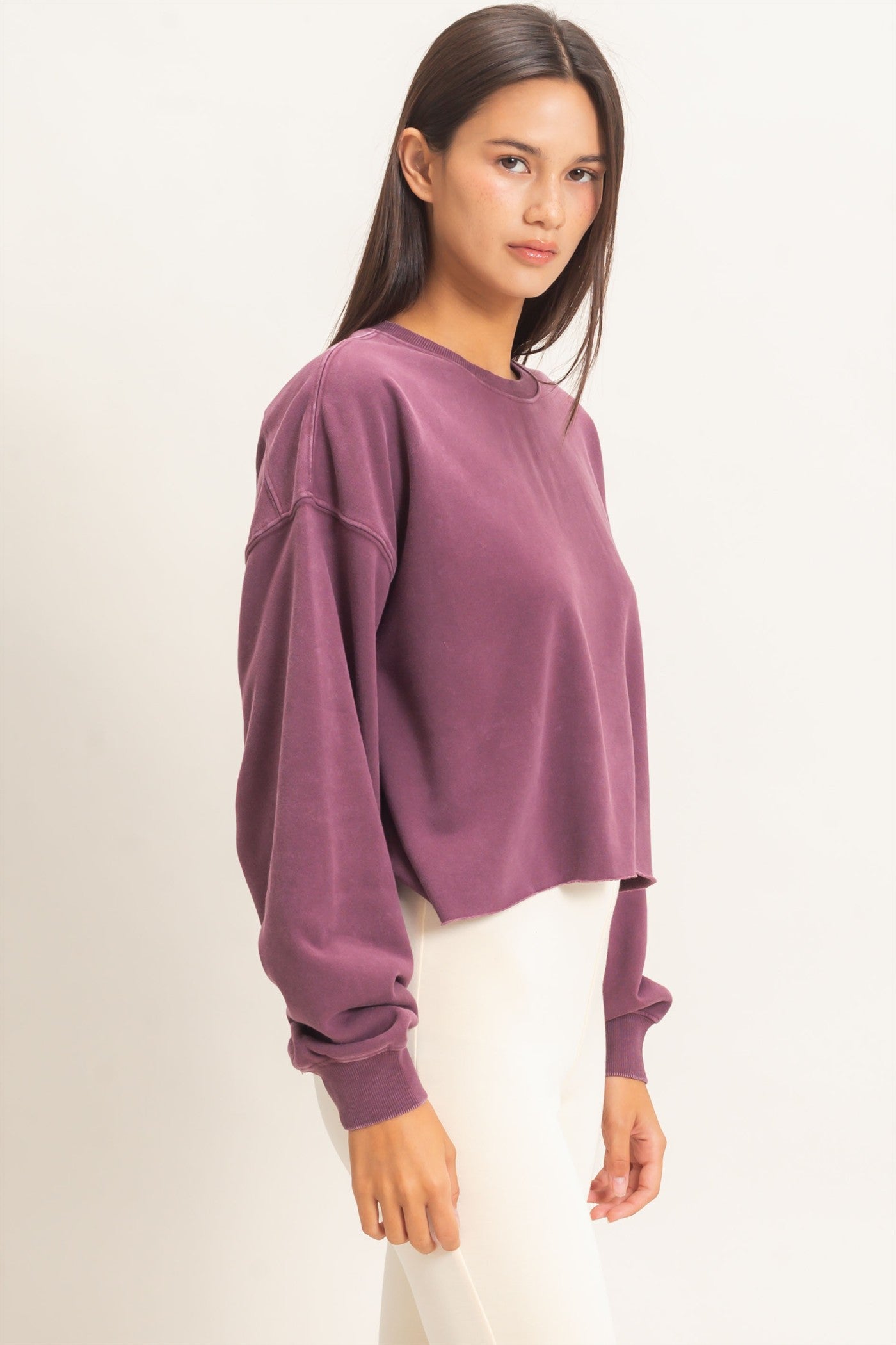 Wholesale Mineral Wash Raw Hem Cropped Sweatshirt Sweatshirts DZ26C968 DARK CHERRY DOUBLE ZERO