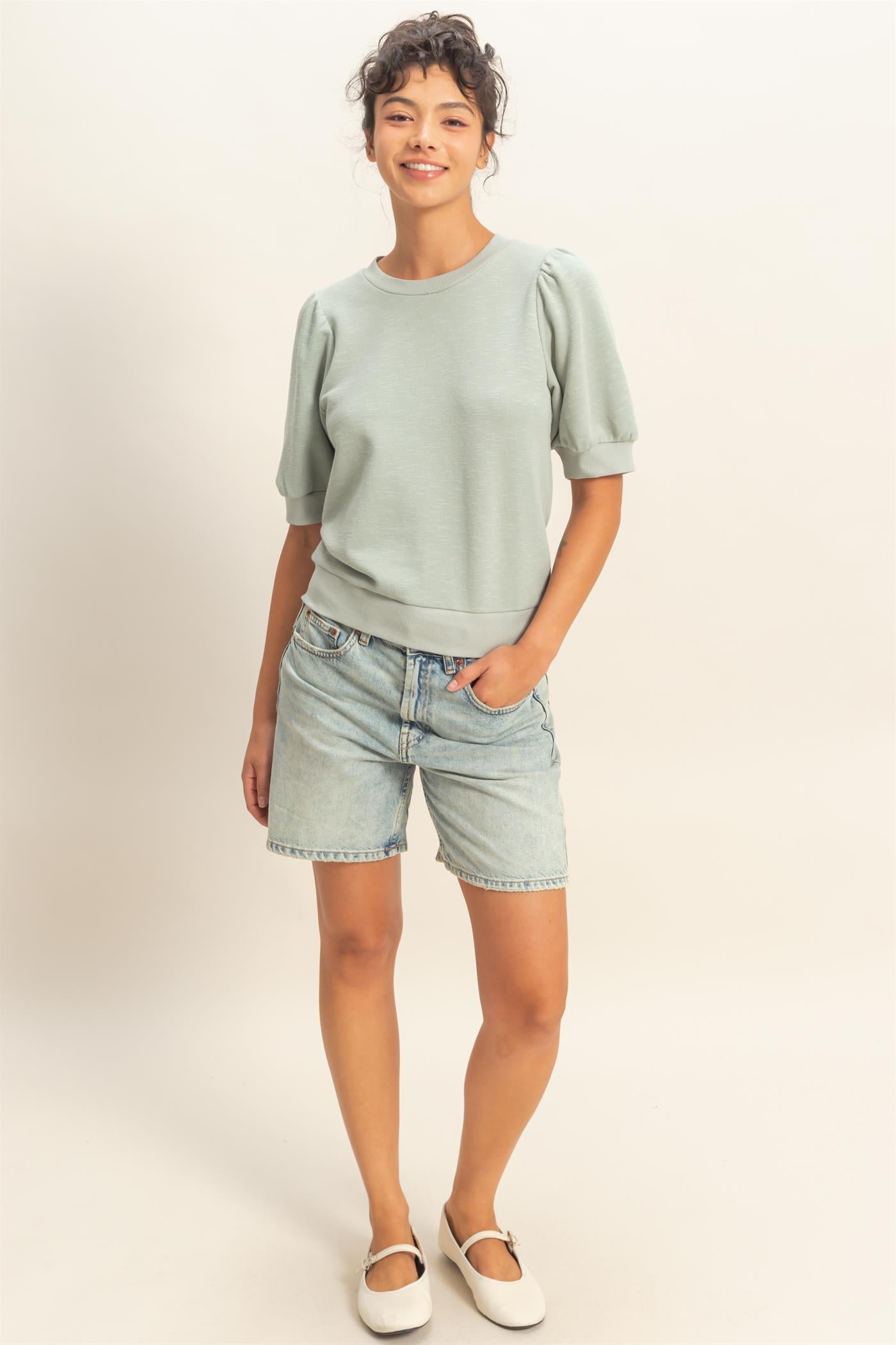 Wholesale Puff Short Sleeve Crew Neck Top Clothing Tops DZ26A927 SAGE GREEN DOUBLE ZERO