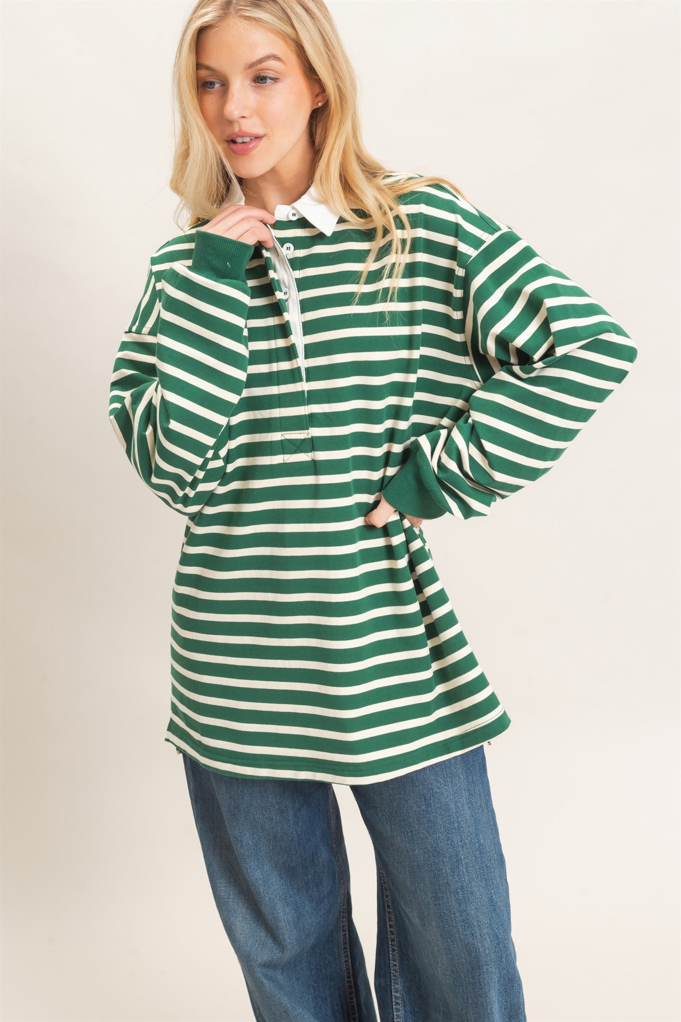 Wholesale Striped Polo Long Sleeve Top Clothing Tops HF26F078 GREEN/CREAM HYFVE