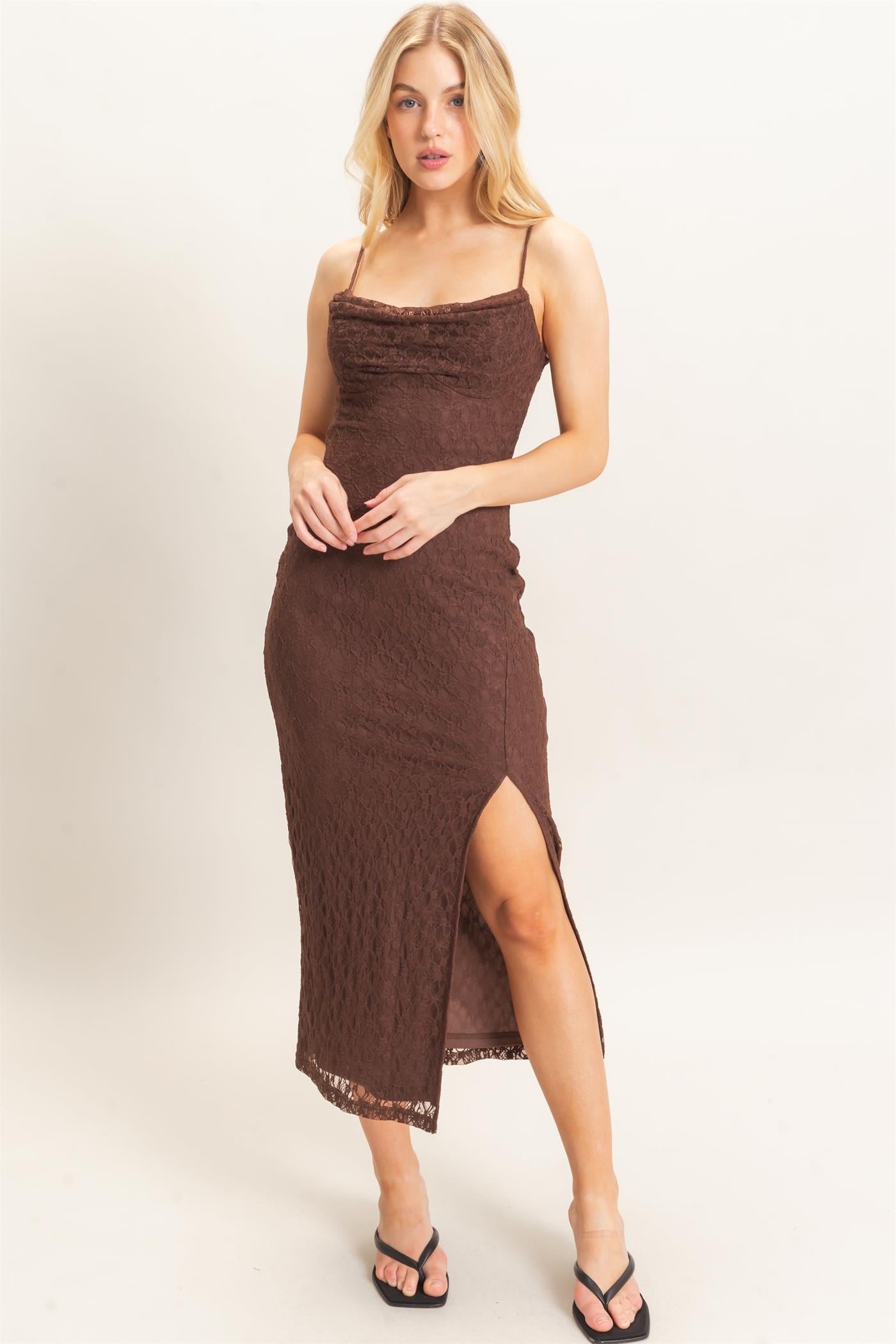 Wholesale Lace Midi Slip Dress Dresses HF26A879 CHOCOLATE HYFVE