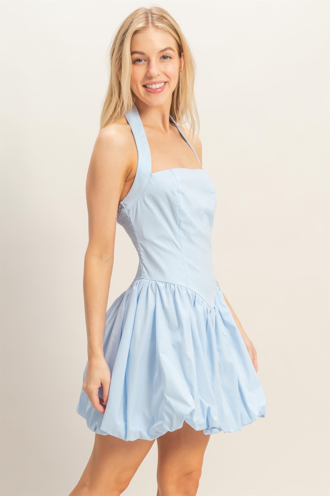 Wholesale Halter Bubble Hem Dress Dresses HF26A012 L.BLUE HYFVE