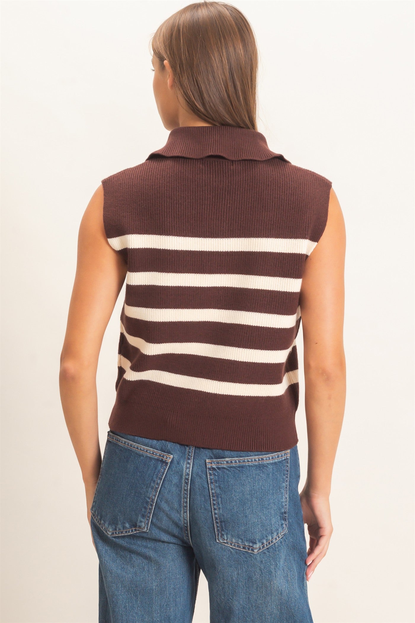 Wholesale Half-Zip Sleeveless Stripe Sweater Sweaters DZ26E951 DARK BROWN DOUBLE ZERO
