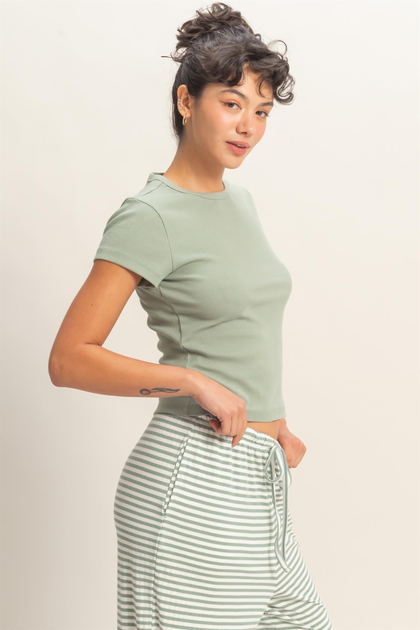 Wholesale Basic Ribbed Short Sleeve Top Clothing Tops DZ26A137 SAGE GREEN DOUBLE ZERO