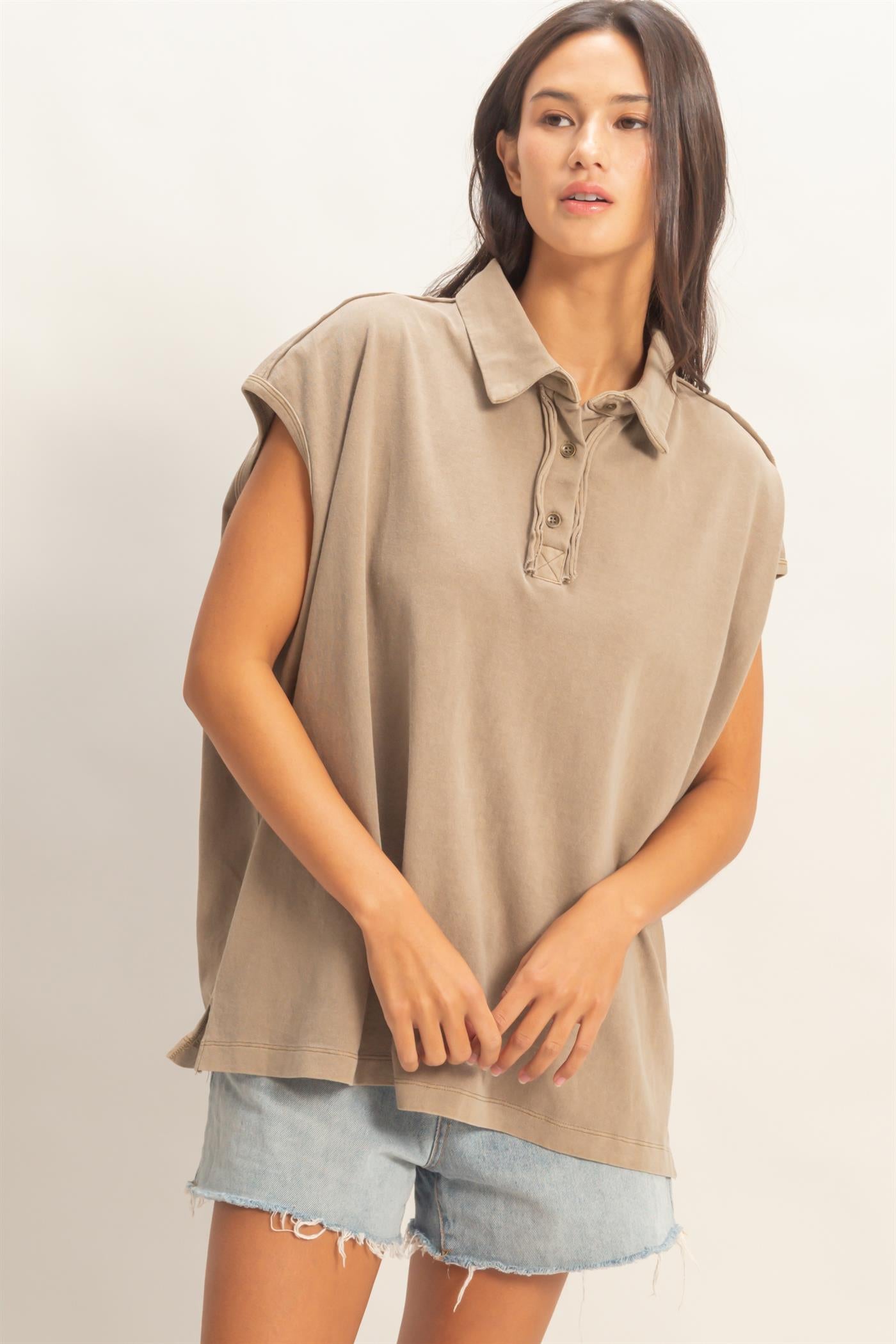 Wholesale Pigment Dye Sleeveless Polo Oversized Top Clothing Tops DZ26C618 MOCHA DOUBLE ZERO