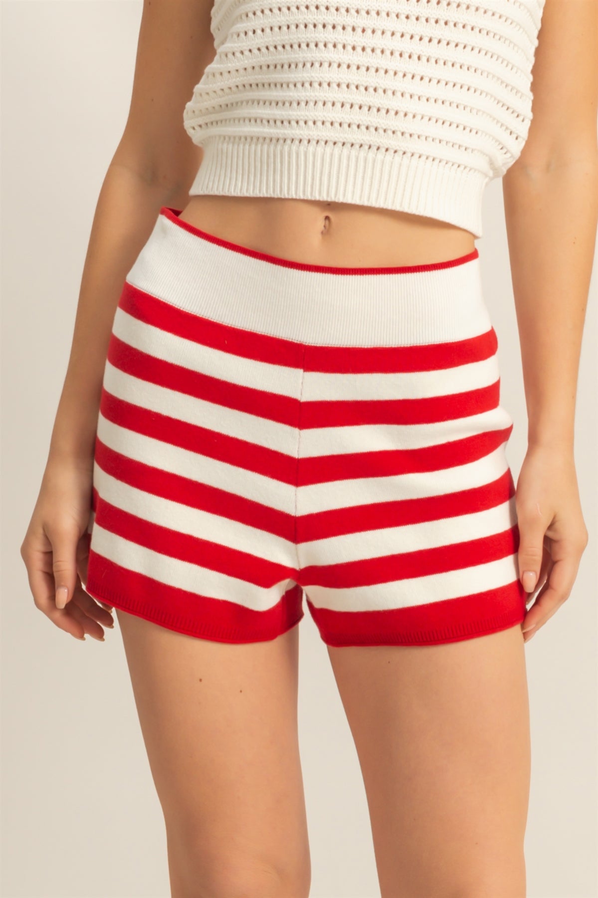 Wholesale Fitted Striped Knit Shorts Shorts DZ25A726 RED/CREAM DOUBLE ZERO