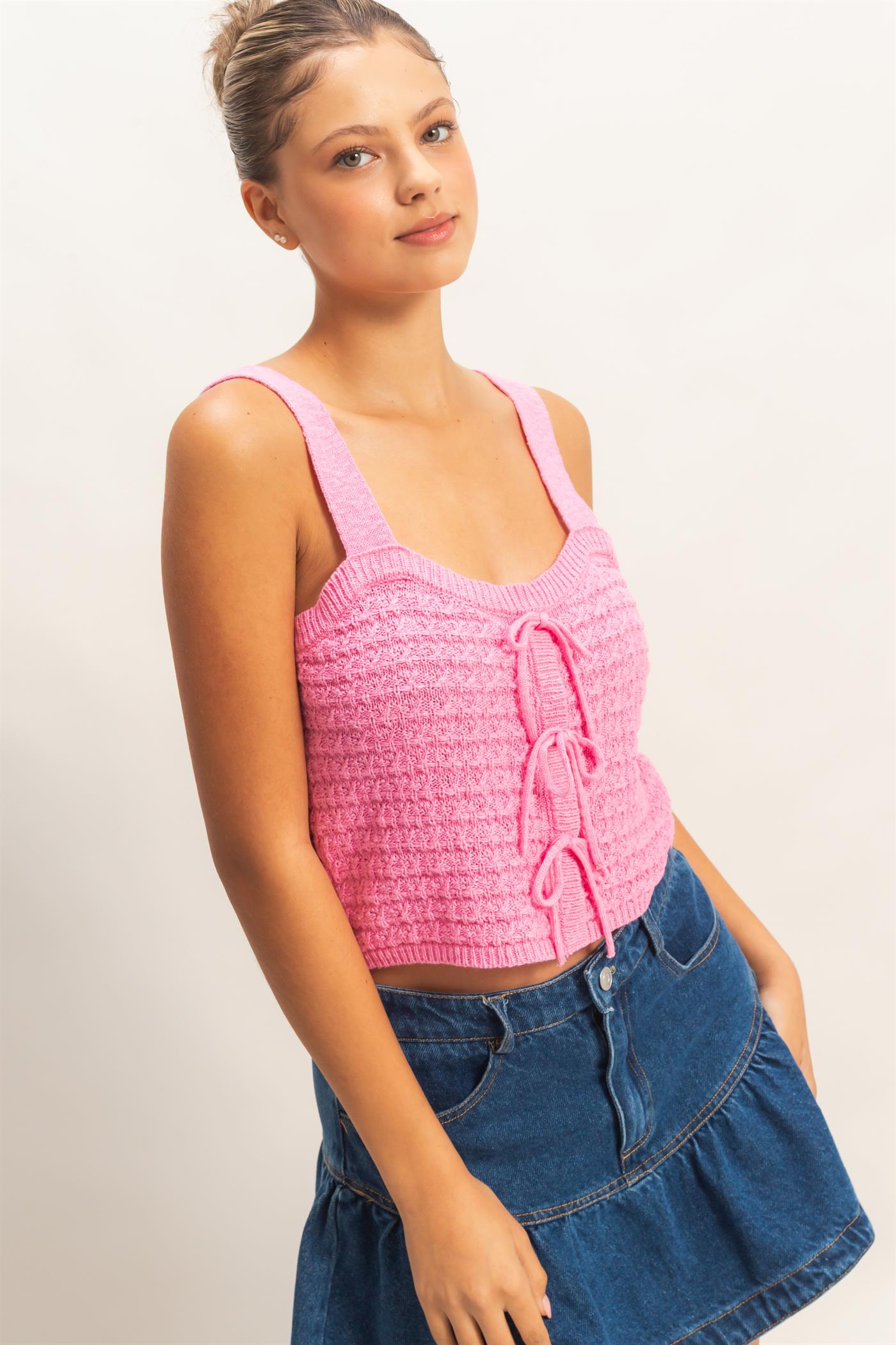 Wholesale Textured Knit Tank Clothing Tops HF26C002 PINK HYFVE