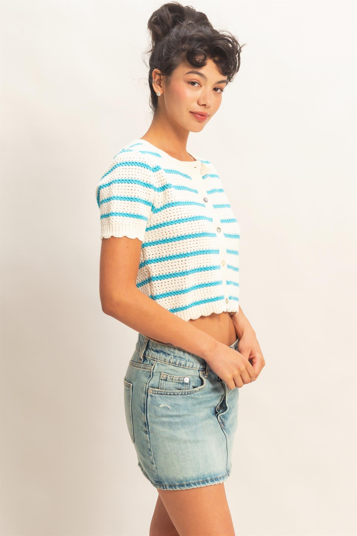 Wholesale Striped Short Sleeve Cardigan With Scallop Edge Cardigans DZ26A605 BLUE DOUBLE ZERO