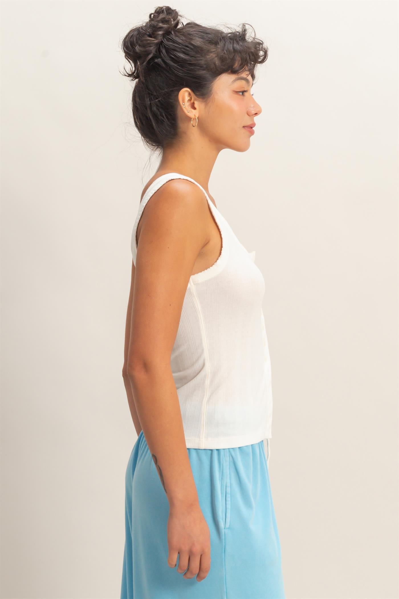Wholesale Pointelle Button Front Scoop Neck Tank Top Tank Tops DZ26A775 WHITE DOUBLE ZERO