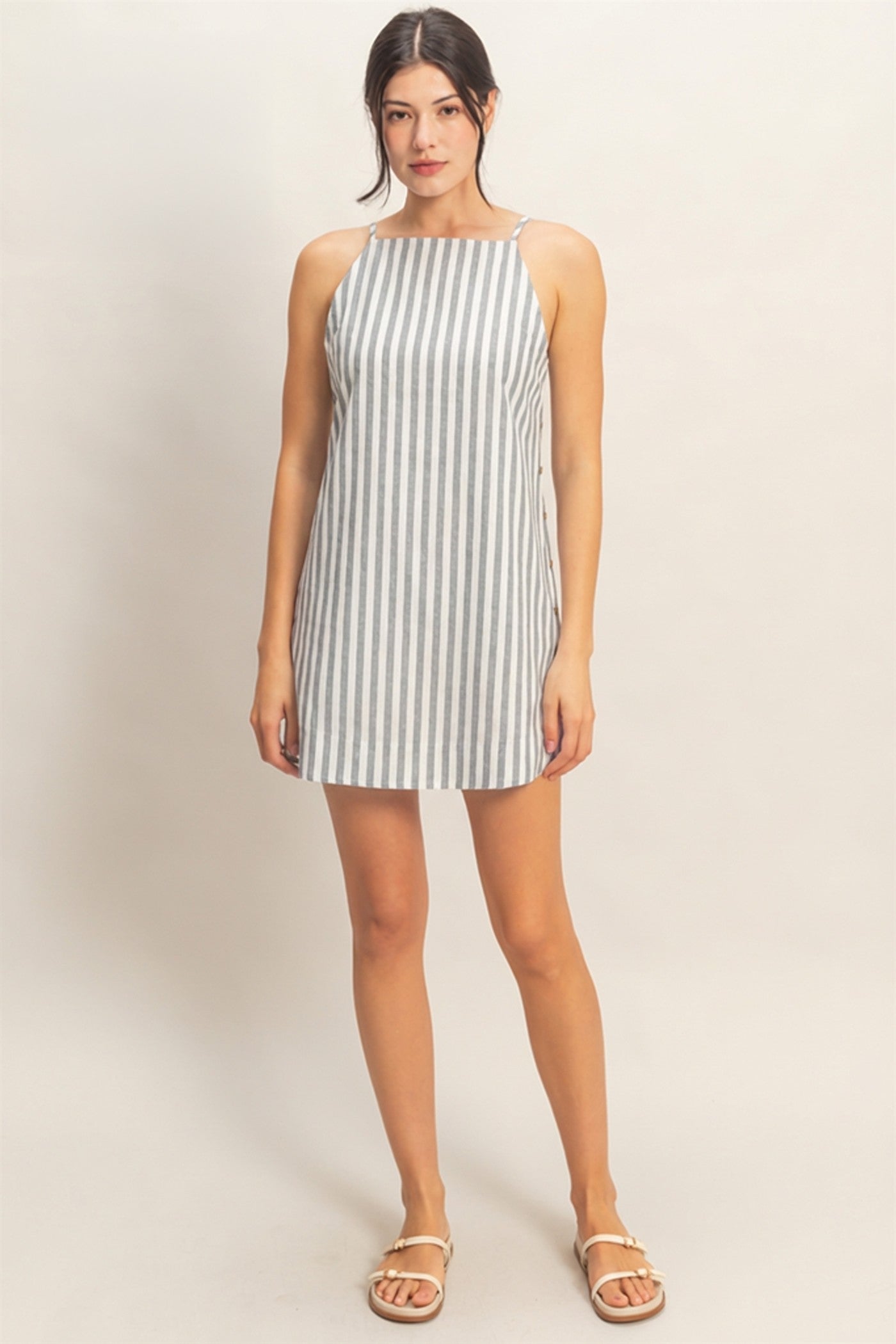 Wholesale Striped Straight Neck Mini Dress Dresses HF26C080 BLACK HYFVE