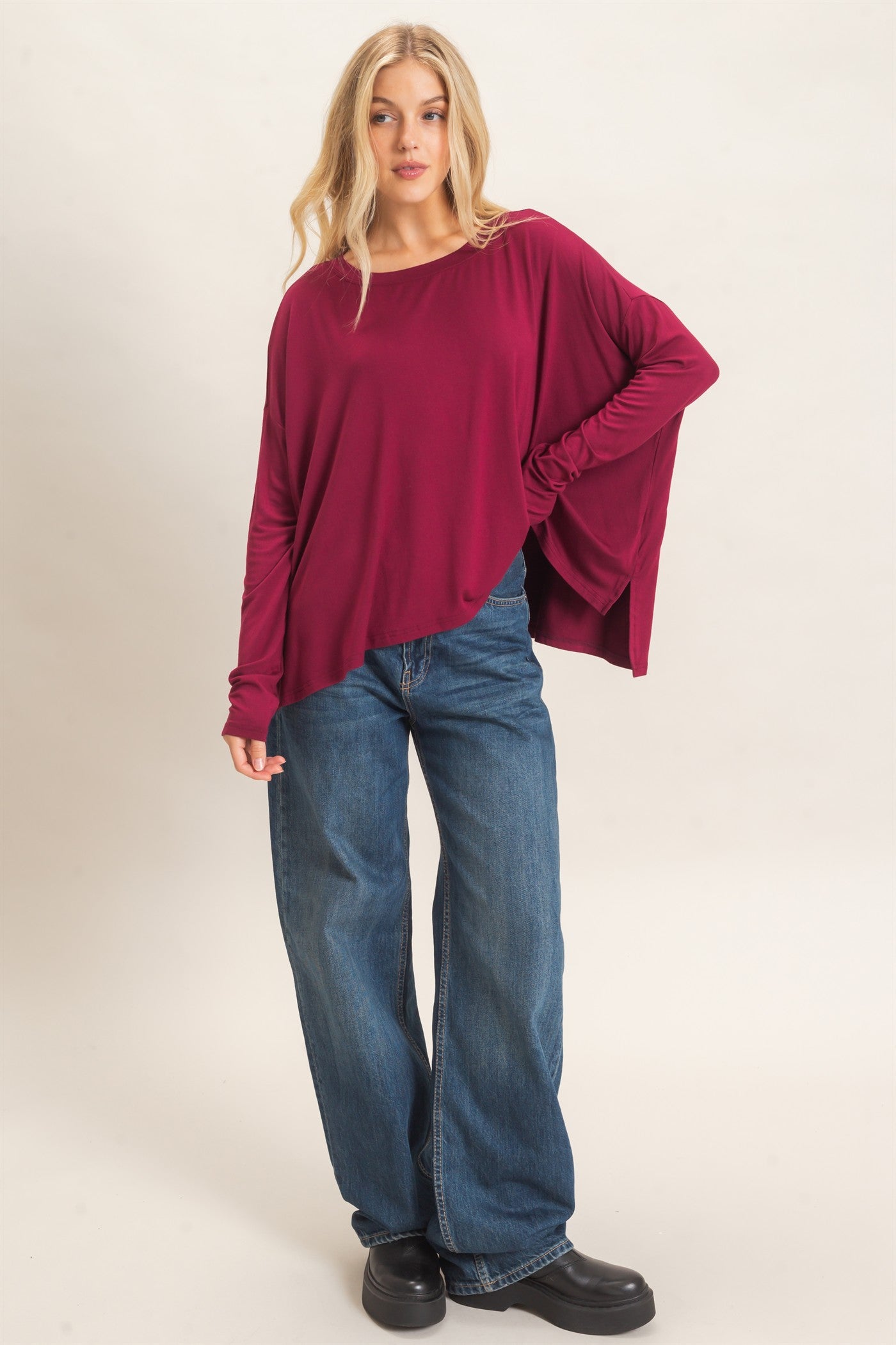 Wholesale Boat Neck Boxy Top Clothing Tops HF26F298 BURGUNDY HYFVE