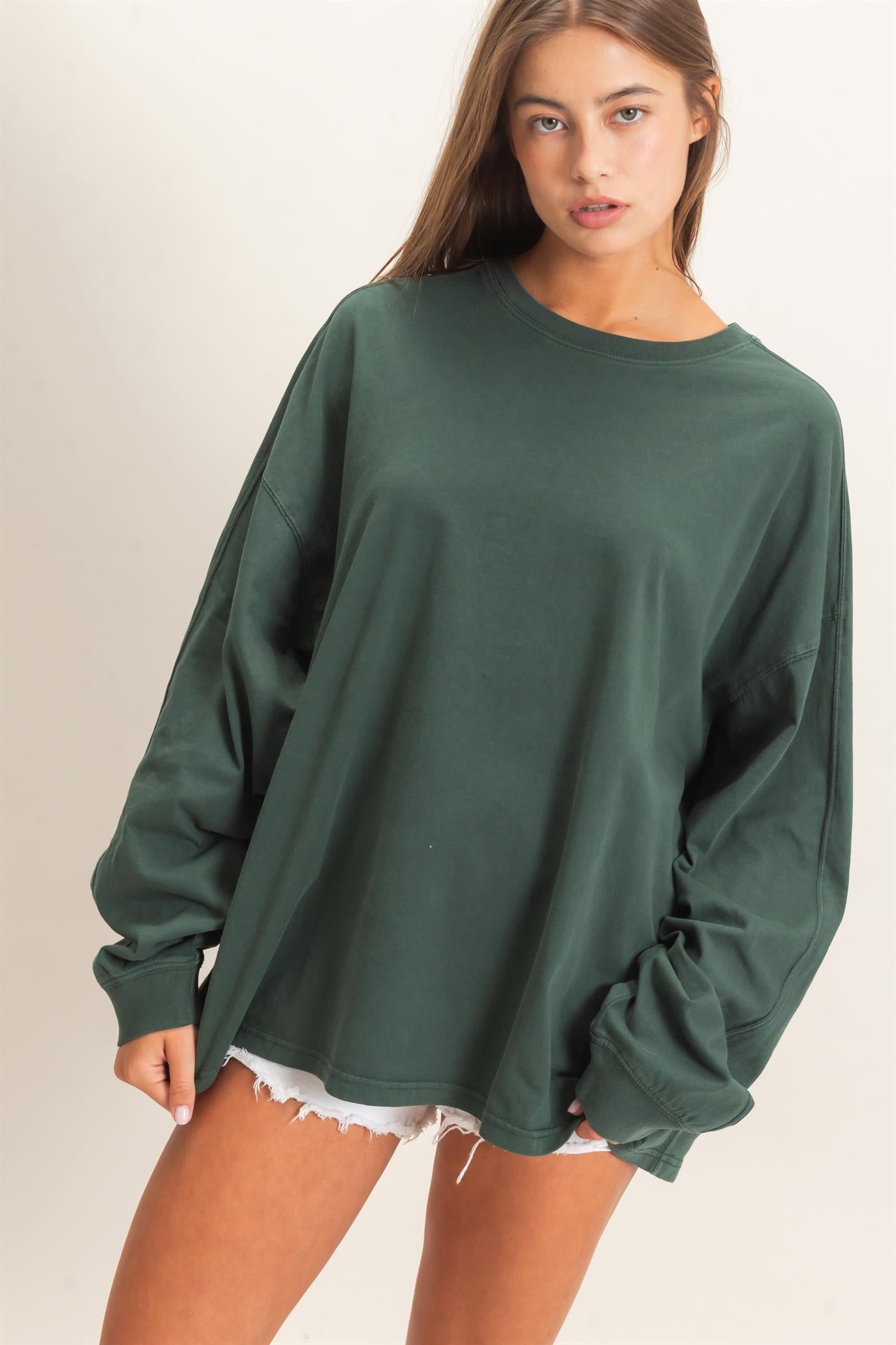 Wholesale Pigment Dye Oversized Long Sleeve Top Clothing Tops DZ26A825 DARK GREEN DOUBLE ZERO