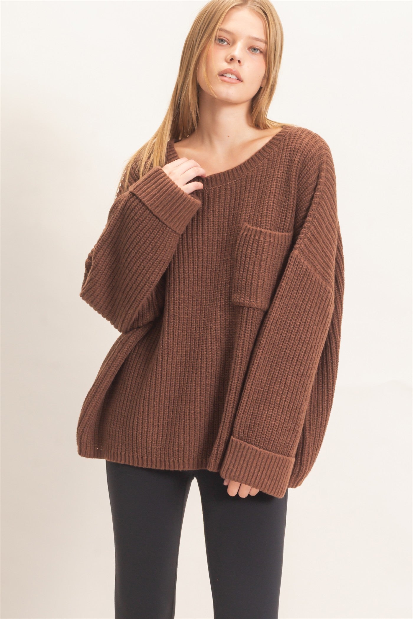 Wholesale Ribbed Knit Patch Pocket Sweater Sweaters HF26F177 BROWN HYFVE