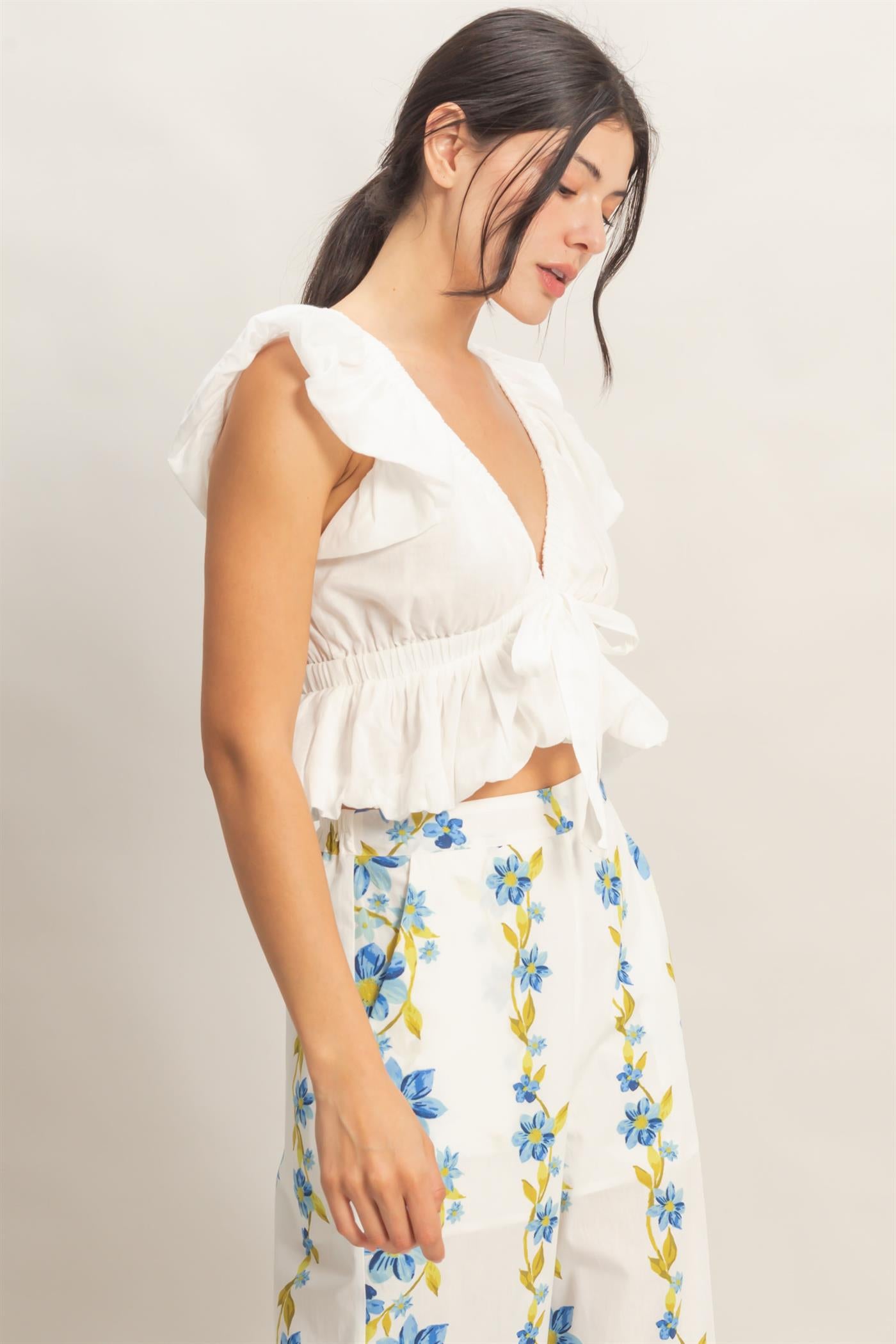 Wholesale Ruched V-Neck Puff Sleeve Top Clothing Tops HF26A122 CREAM HYFVE