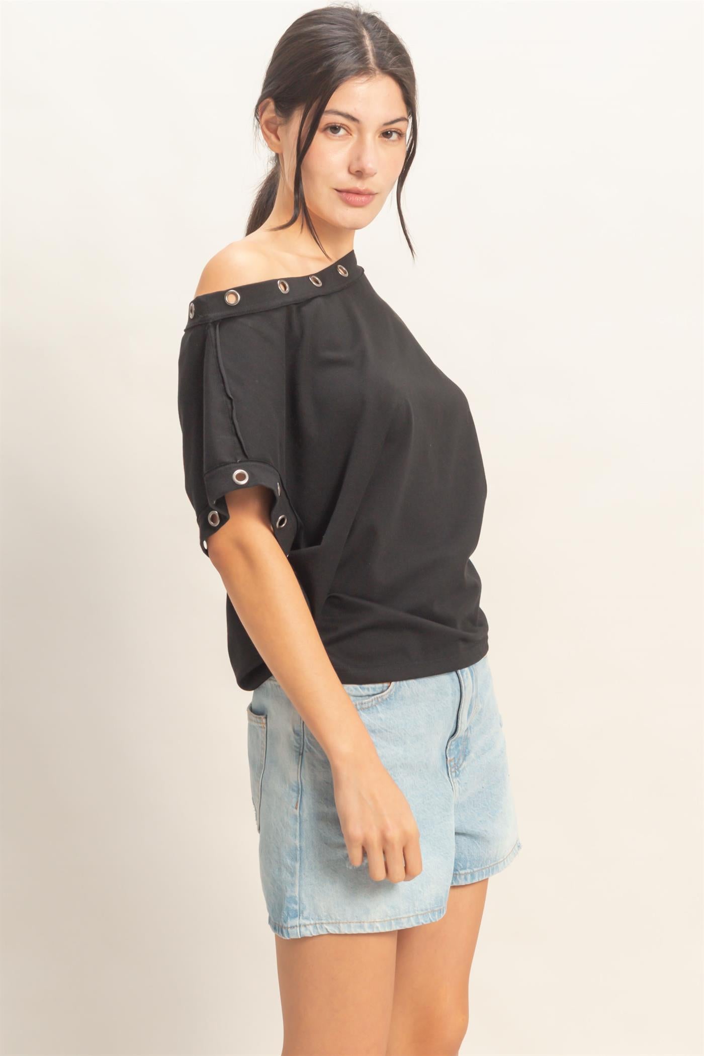 Wholesale Off Shoulder Top With Eyelets T-Shirts HF26E794 BLACK HYFVE