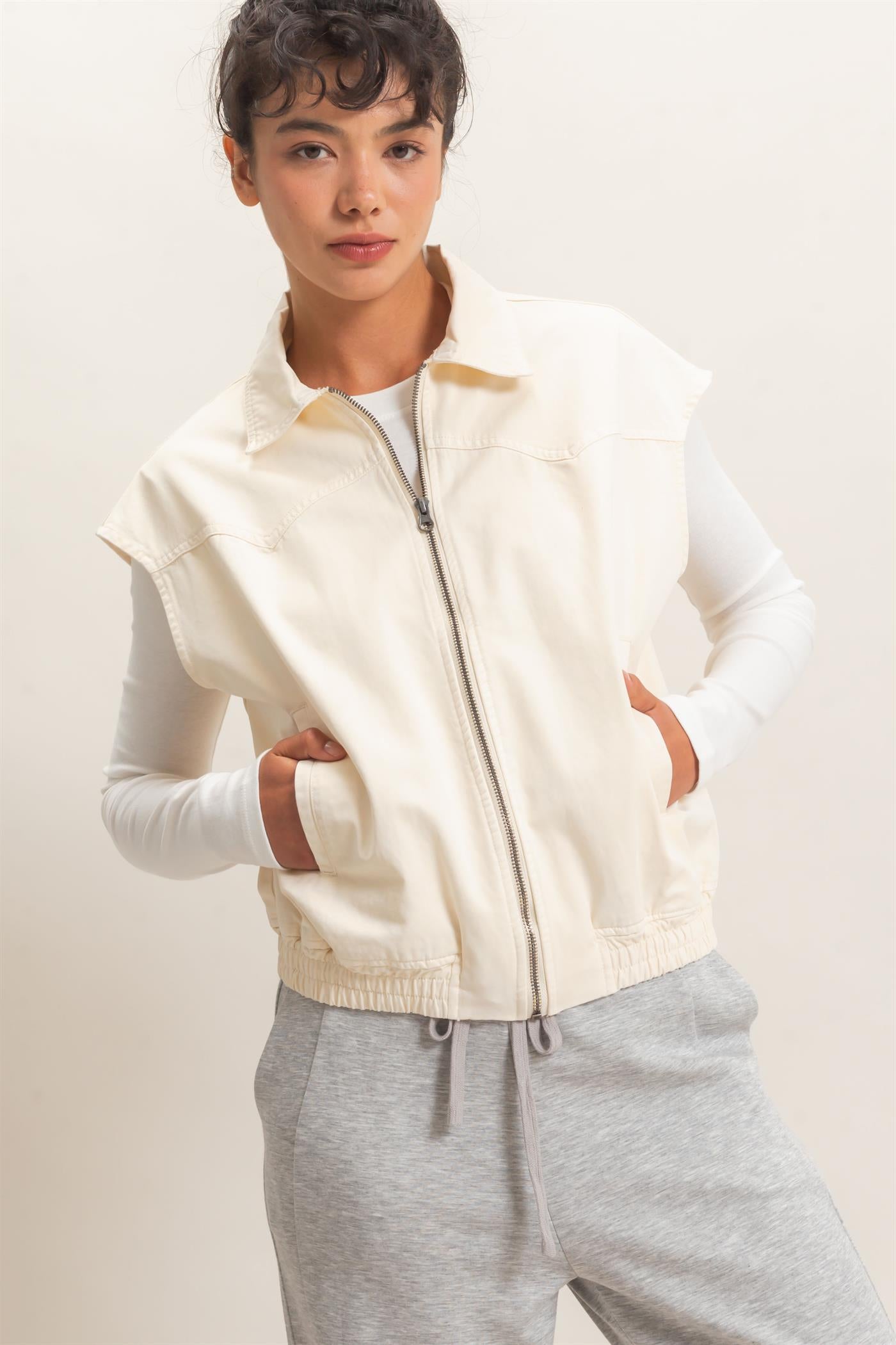 Wholesale Mineral Wash Sleeveless Zip-Up Collar Vest Vests DZ26E392 IVORY DOUBLE ZERO