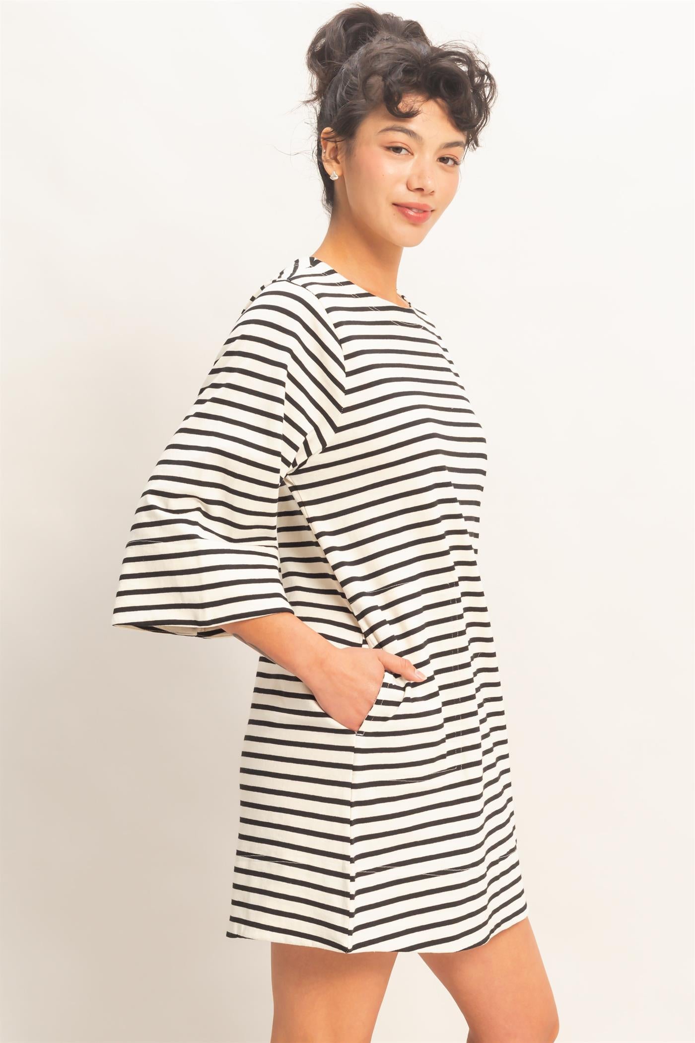 Wholesale Striped Round Neck Half-Sleeve Mini Dress Dresses DZ26A460 BLACK DOUBLE ZERO