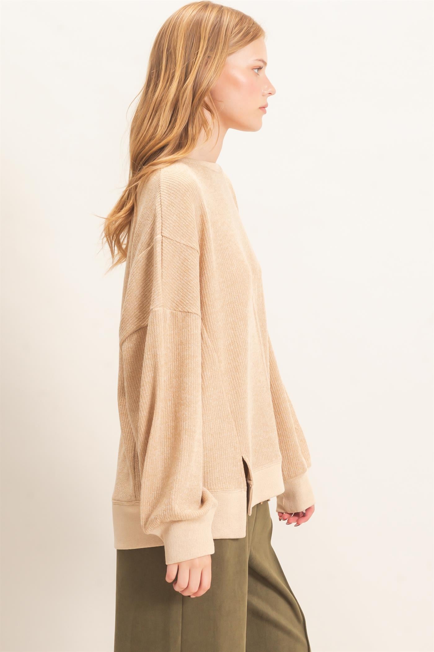 Wholesale Ribbed Boat Neck Knit Top Clothing Tops HF26E852 CAMEL HYFVE