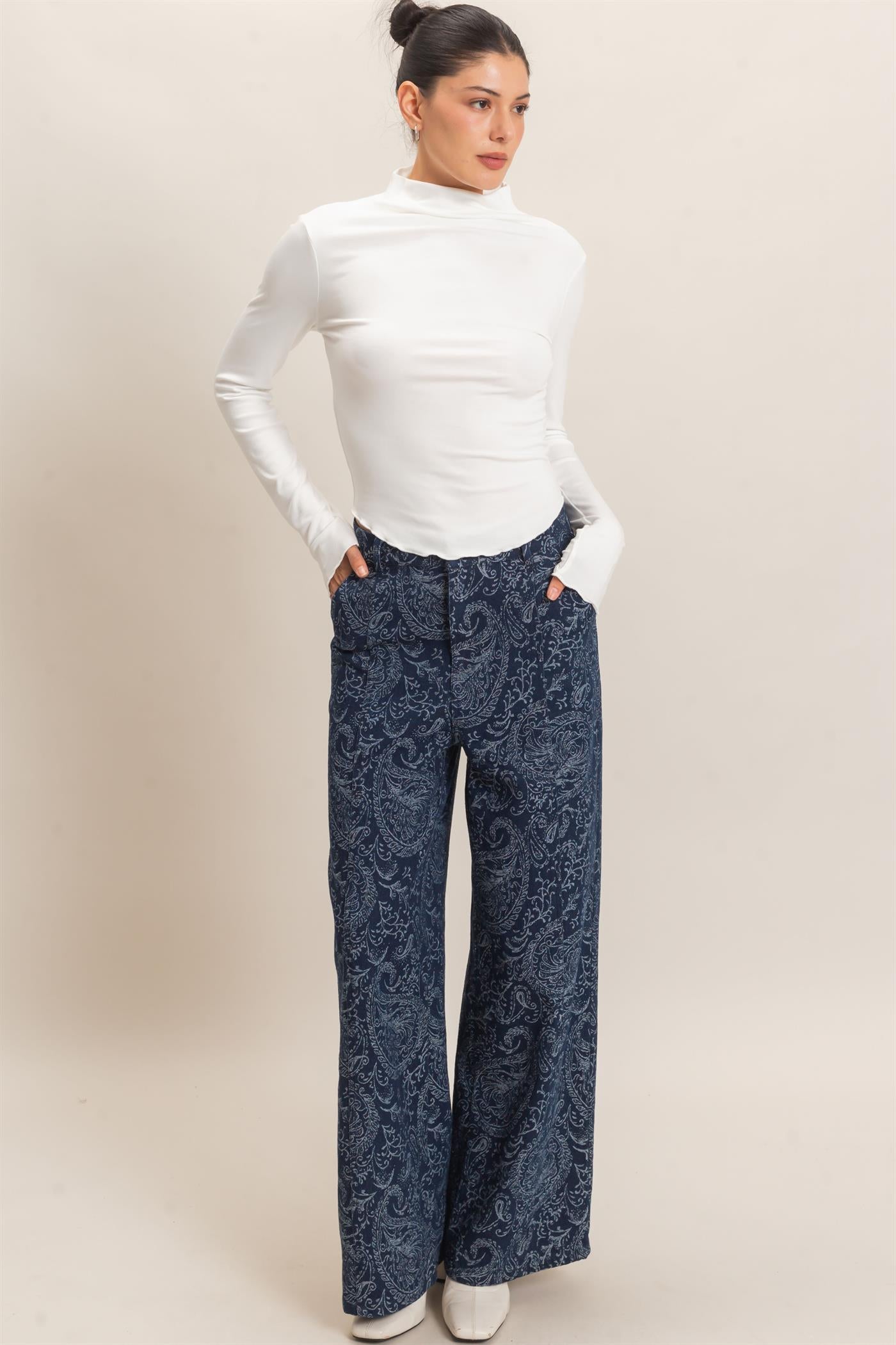 Wholesale Paisley Print Wide-Leg Pants Pants HF26F024 NAVY HYFVE