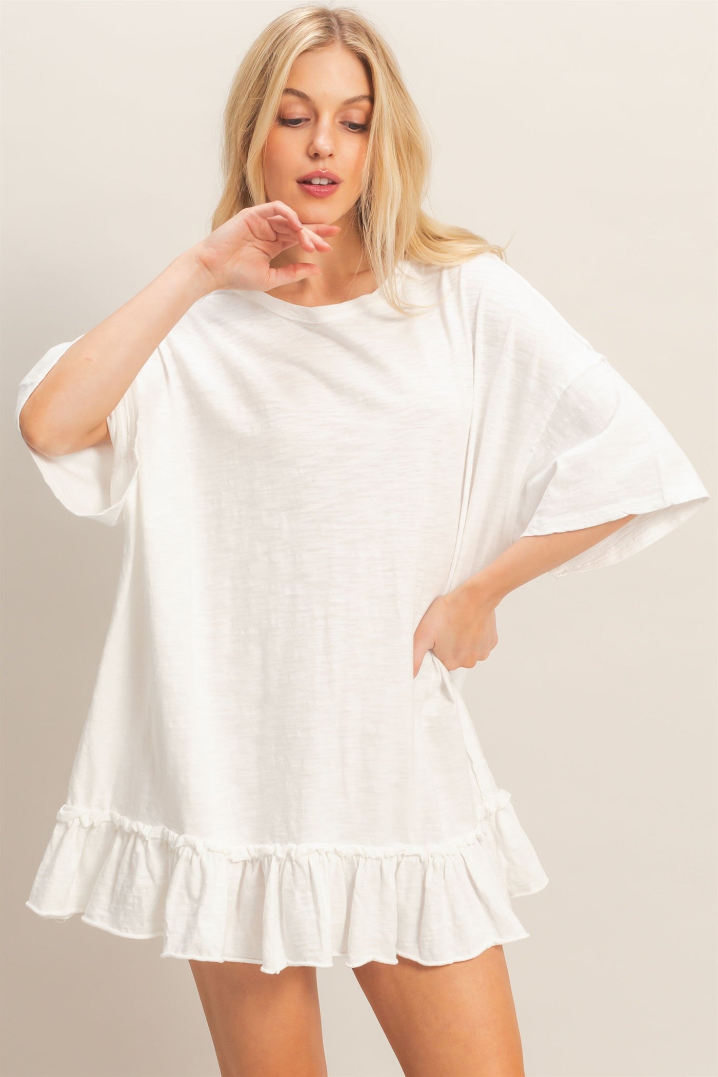 Wholesale Ruffled Hem Oversized Tunic Dresses HF26A785 CREAM HYFVE