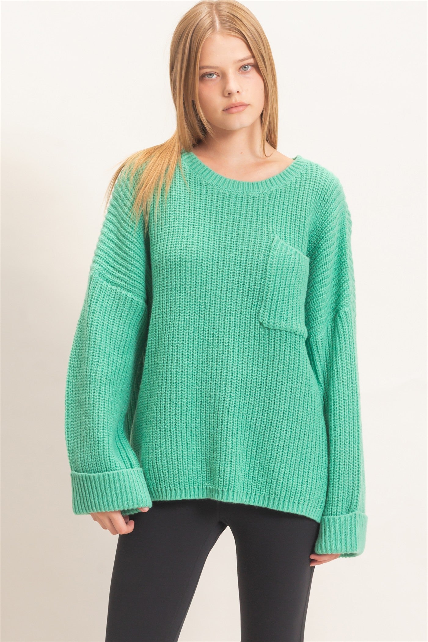 Wholesale Ribbed Knit Patch Pocket Sweater Sweaters HF26F177 GREEN HYFVE