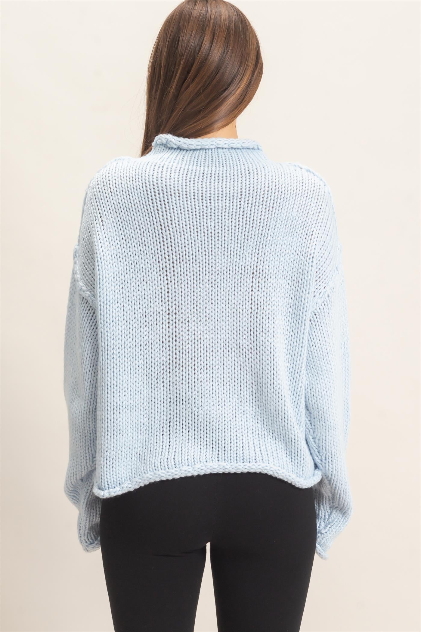 Wholesale Rolled Collar Loose Knit Sweater Sweaters HF26C859 LIGHT BLUE HYFVE